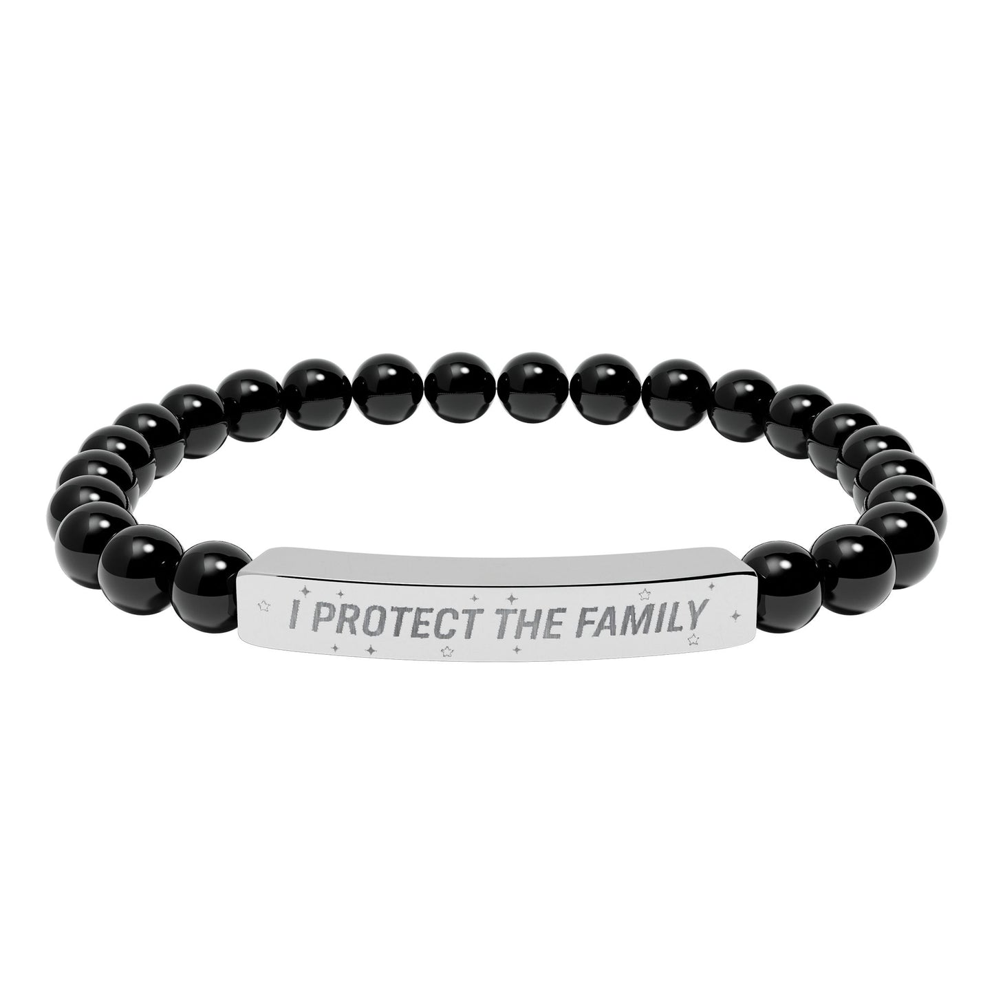 Engraved Natural Stone Stretch Bracelet — "I Protect the Family" Bar