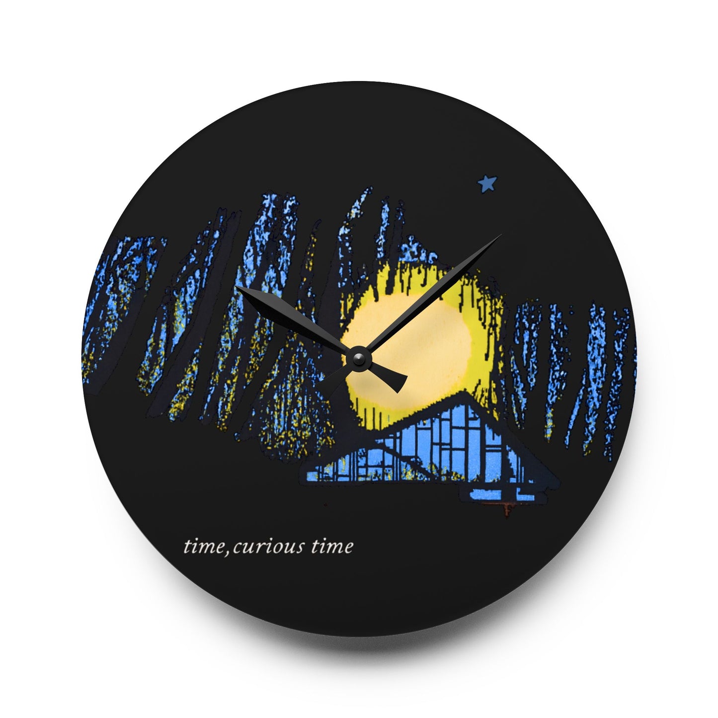 Acrylic Wall Clock — Moonlit Forest Nightscape Clock ("time, curious time")