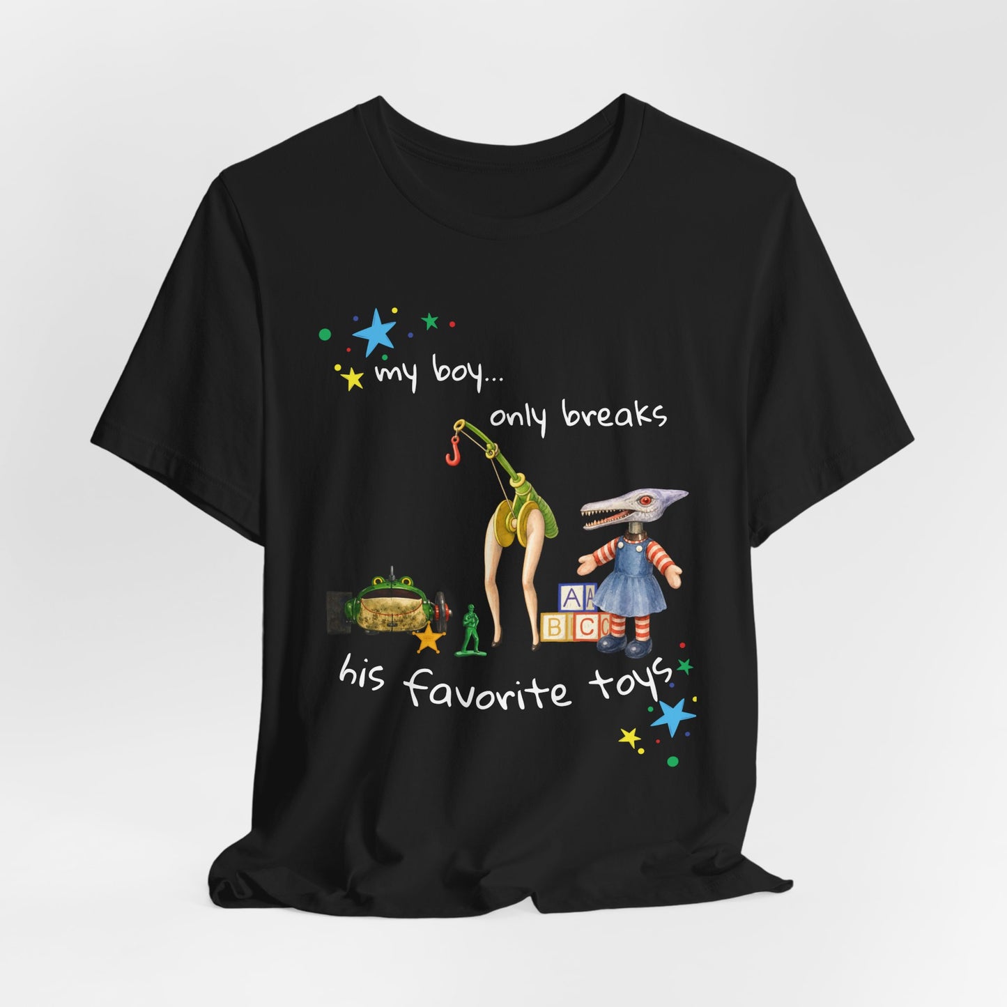 Novelty T‑Shirt — “My Boy Only Breaks His Favorite Toys” Funny Retro Broken Toys Tee