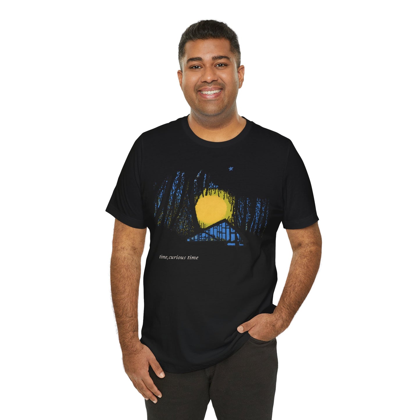 Night Cabin Graphic Tee — "Time, curious Time" Moonlit Forest T-Shirt