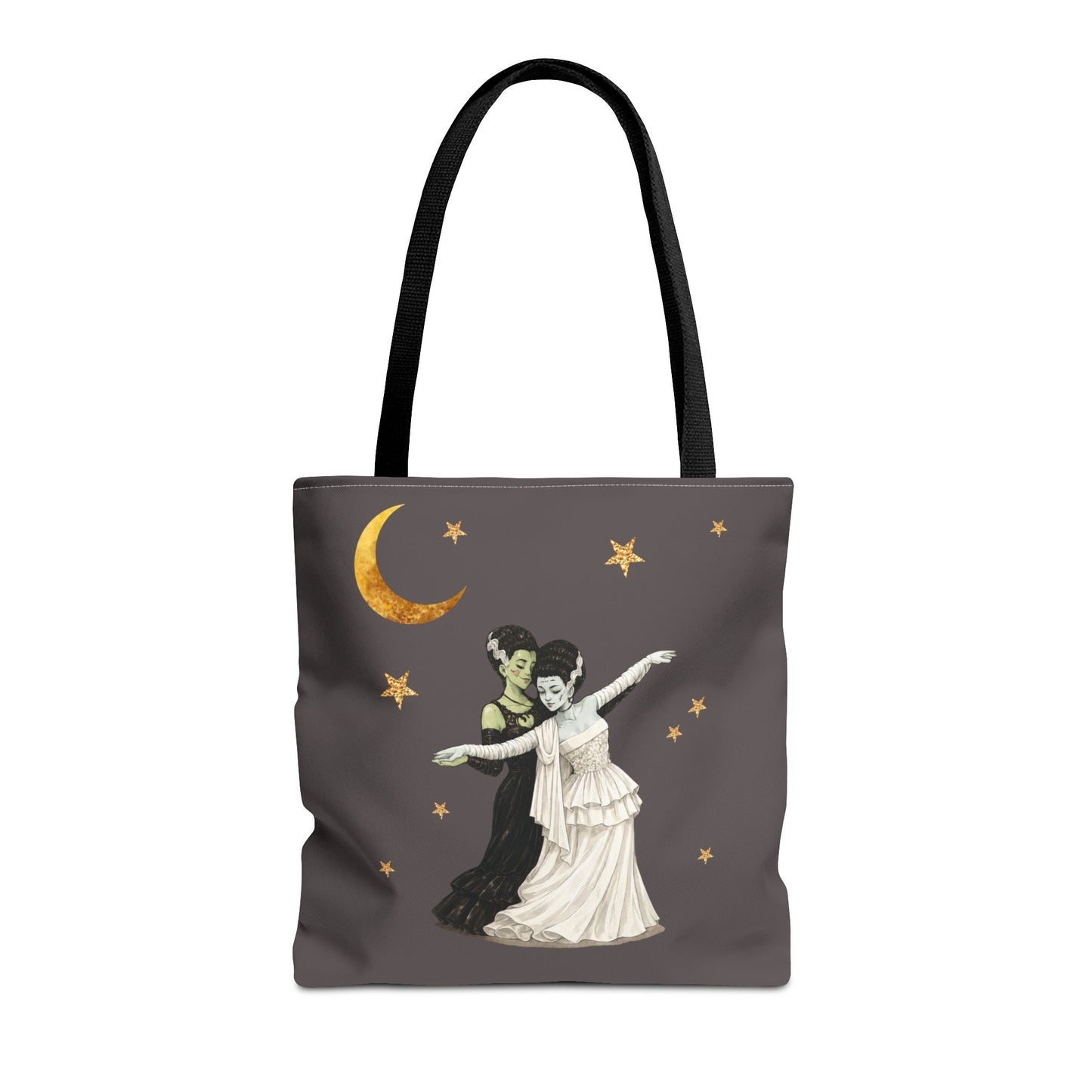 Moonlit Duet Tote Bag — Vintage Lesbian Monster Brides Couple with Gold Moon & Stars