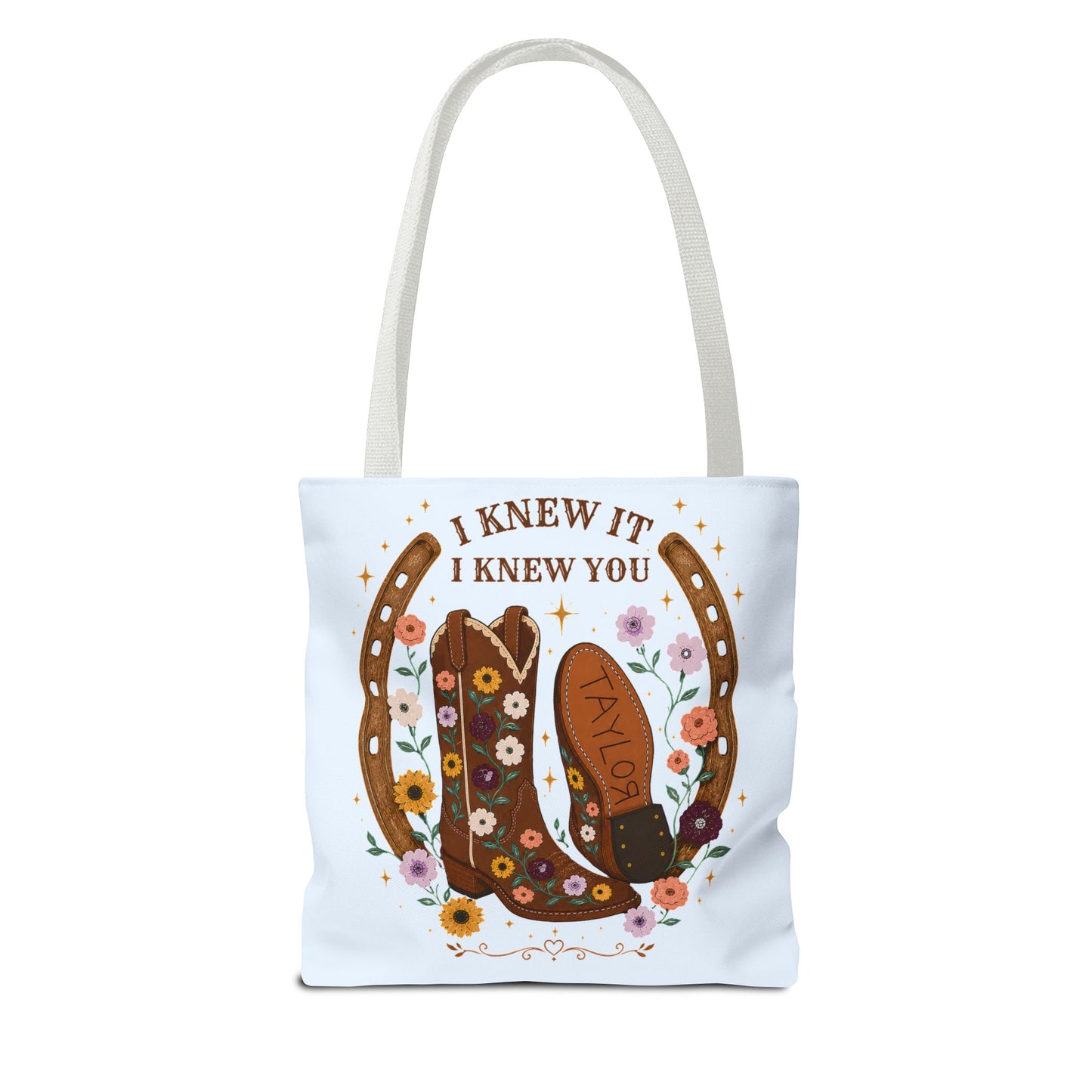 Western Floral Tote Bag — "I Knew It, I Knew You" Cowboy Boots & Horseshoe Design