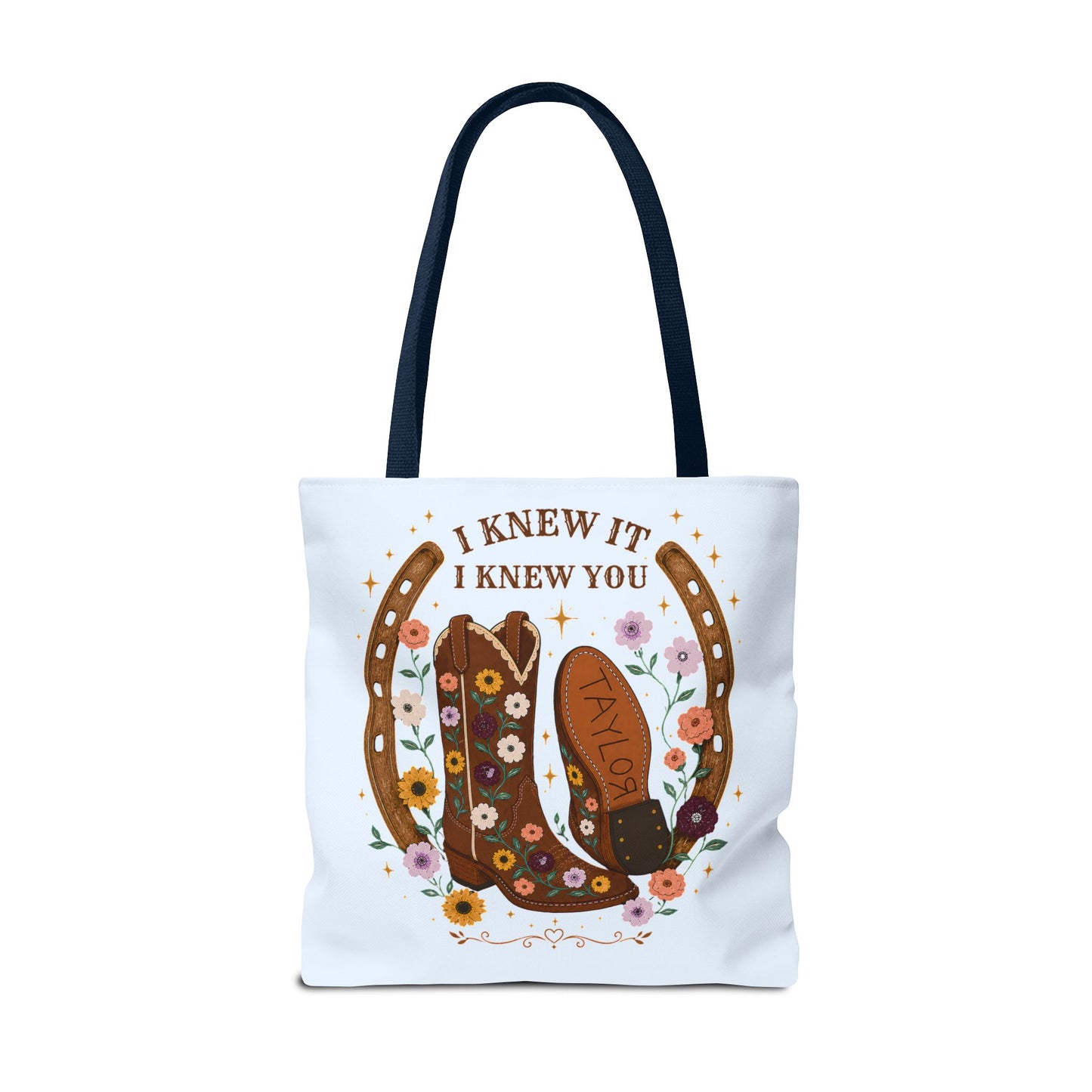 Western Floral Tote Bag — "I Knew It, I Knew You" Cowboy Boots & Horseshoe Design