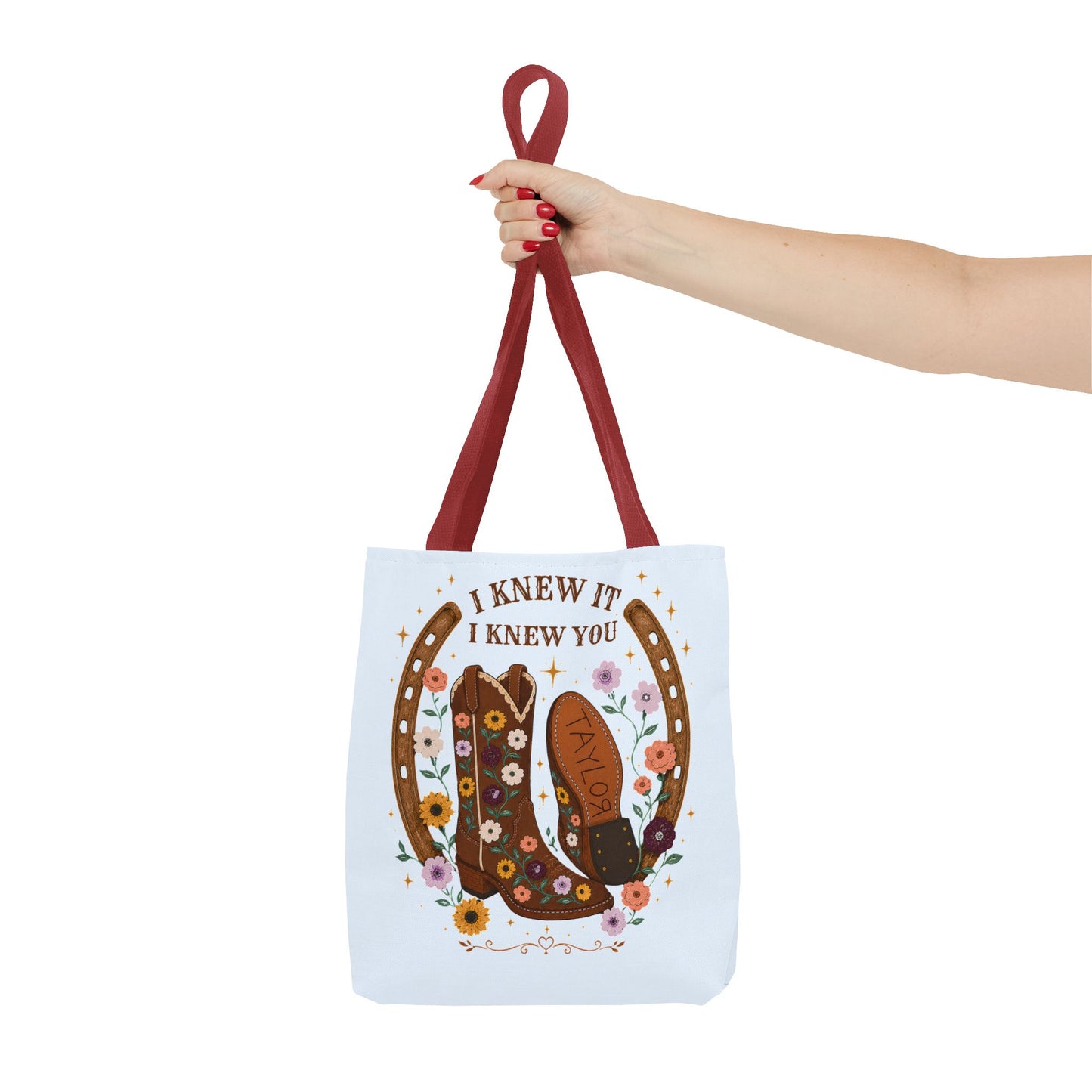 Western Floral Tote Bag — "I Knew It, I Knew You" Cowboy Boots & Horseshoe Design
