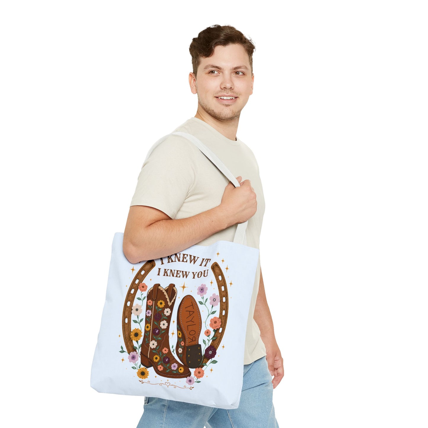 Western Floral Tote Bag — "I Knew It, I Knew You" Cowboy Boots & Horseshoe Design