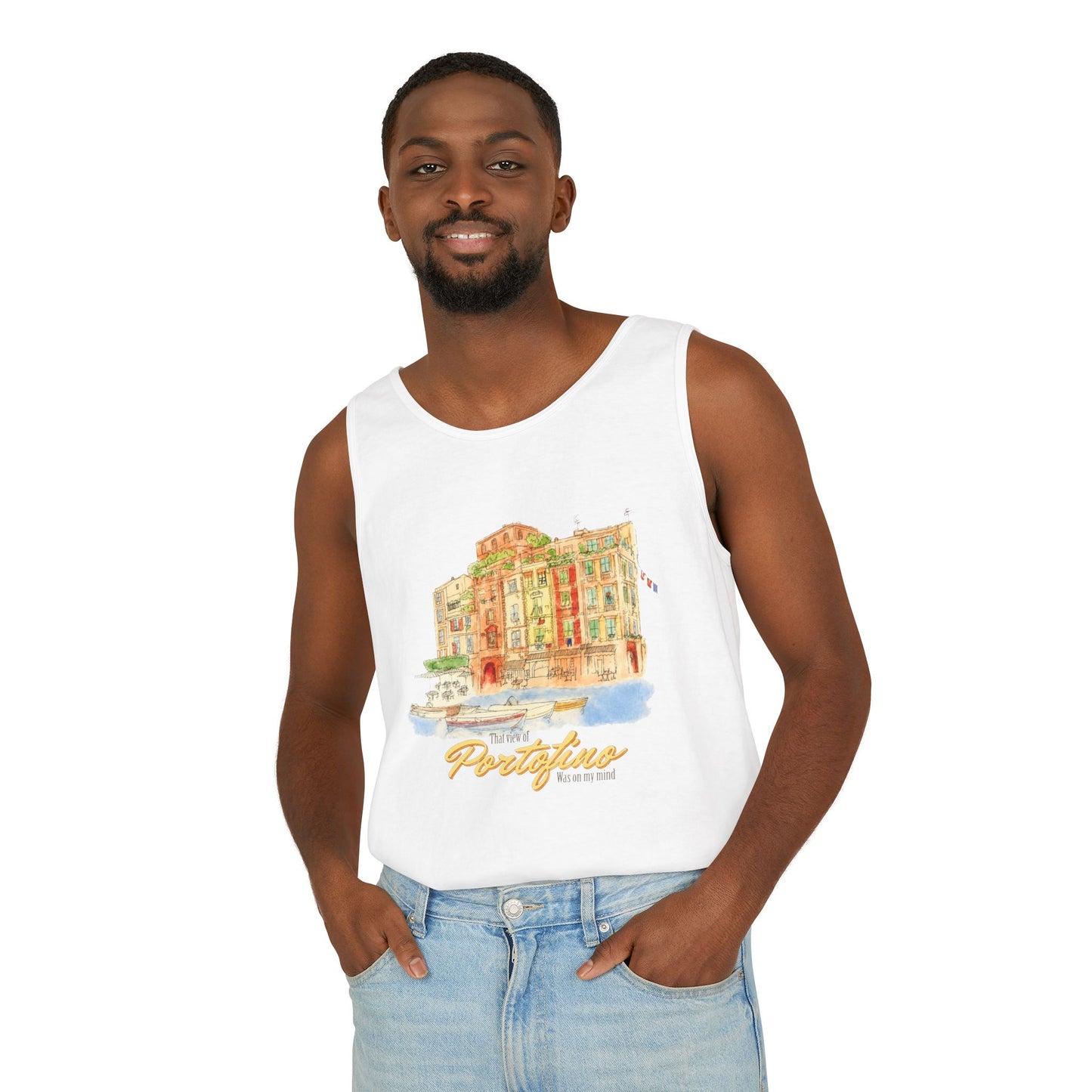 Portofino Watercolor Comfort Colors Unisex Tank Top — Italian Coastal Tee