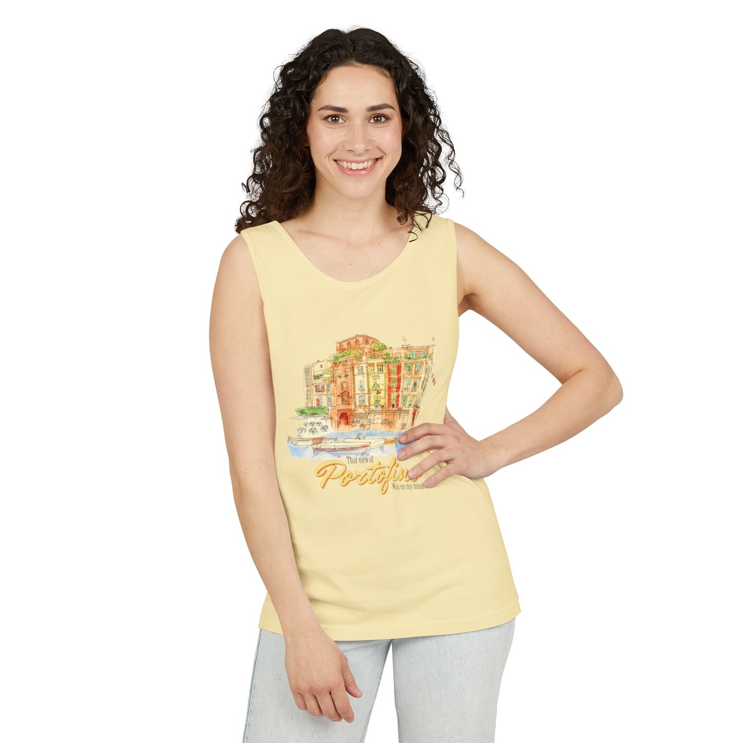 Portofino Watercolor Comfort Colors Unisex Tank Top — Italian Coastal Tee