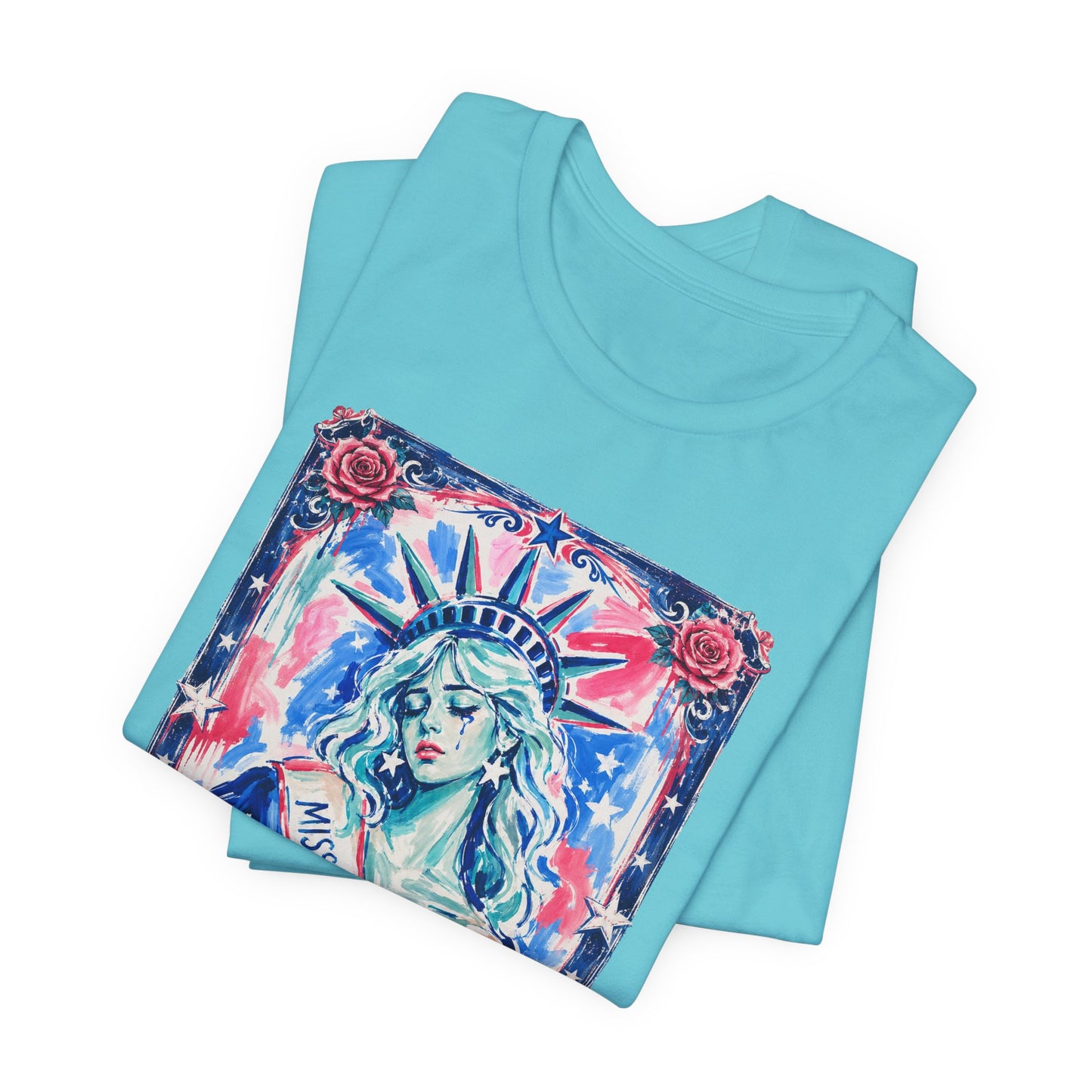 Miss Americana Statue of Liberty Patriotic Art Tee (Back: "I'm just mad as hell because I loved this place")