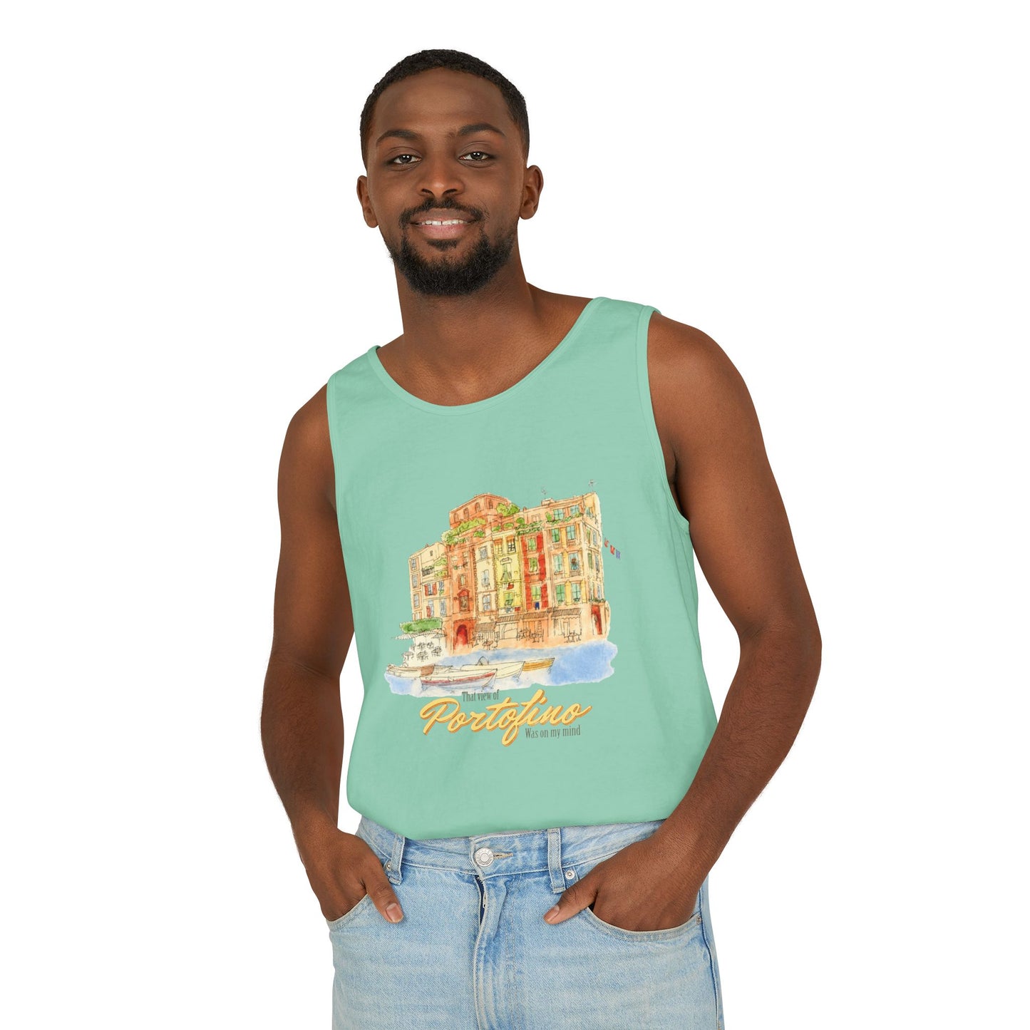 Portofino Watercolor Comfort Colors Unisex Tank Top — Italian Coastal Tee