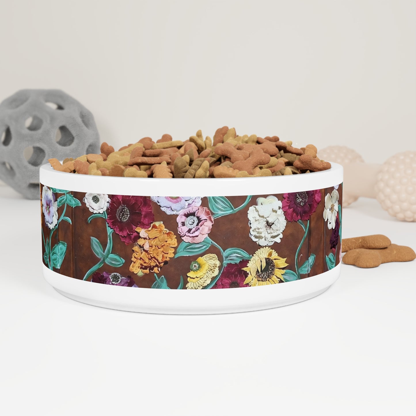 Floral Garden Pet Bowl — Ceramic Dog & Cat Food Dish with Vintage Flower Print