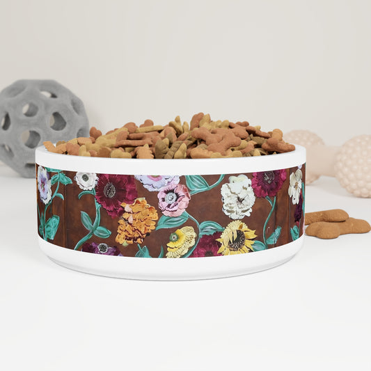 Floral Garden Pet Bowl — Ceramic Dog & Cat Food Dish with Vintage Flower Print