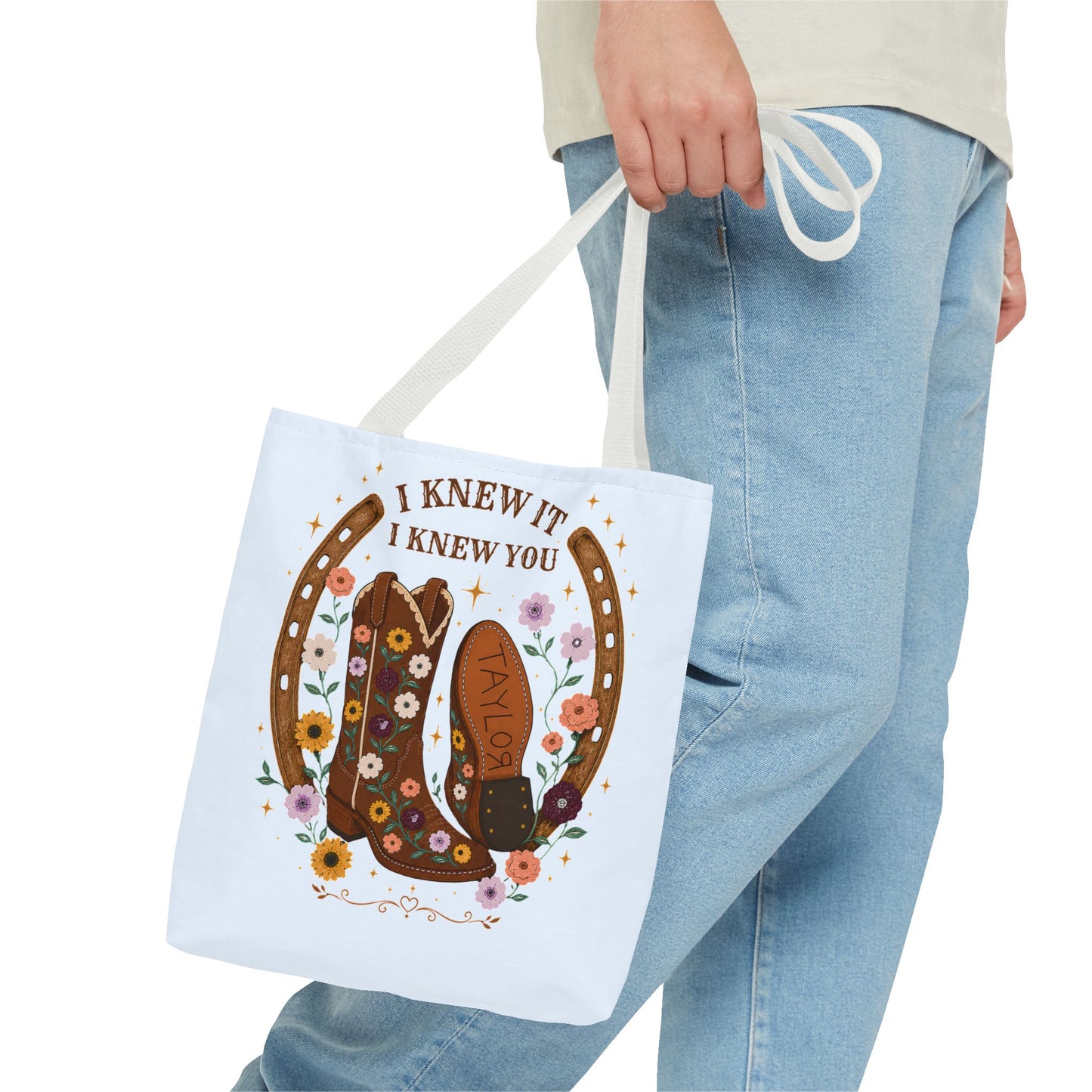 Western Floral Tote Bag — "I Knew It, I Knew You" Cowboy Boots & Horseshoe Design