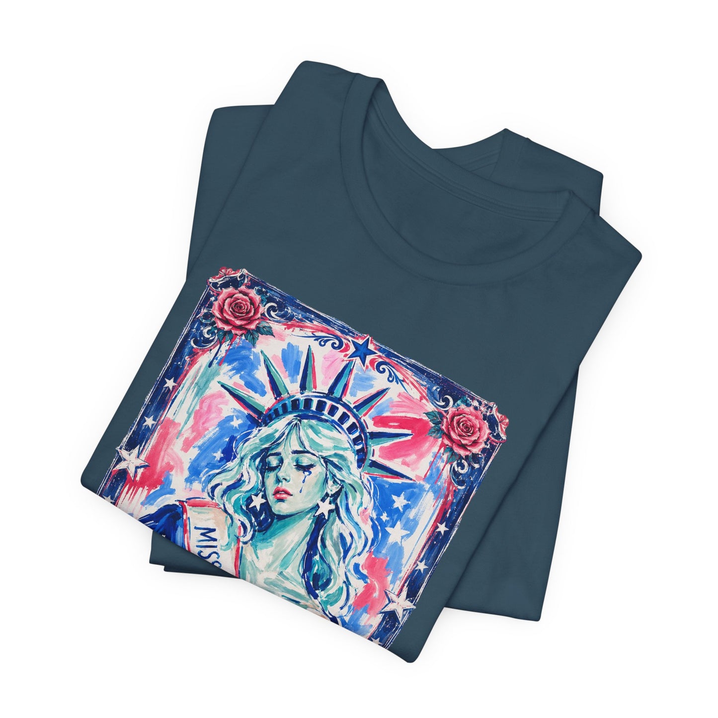 Miss Americana Statue of Liberty Patriotic Art Tee (Back: "I'm just mad as hell because I loved this place")