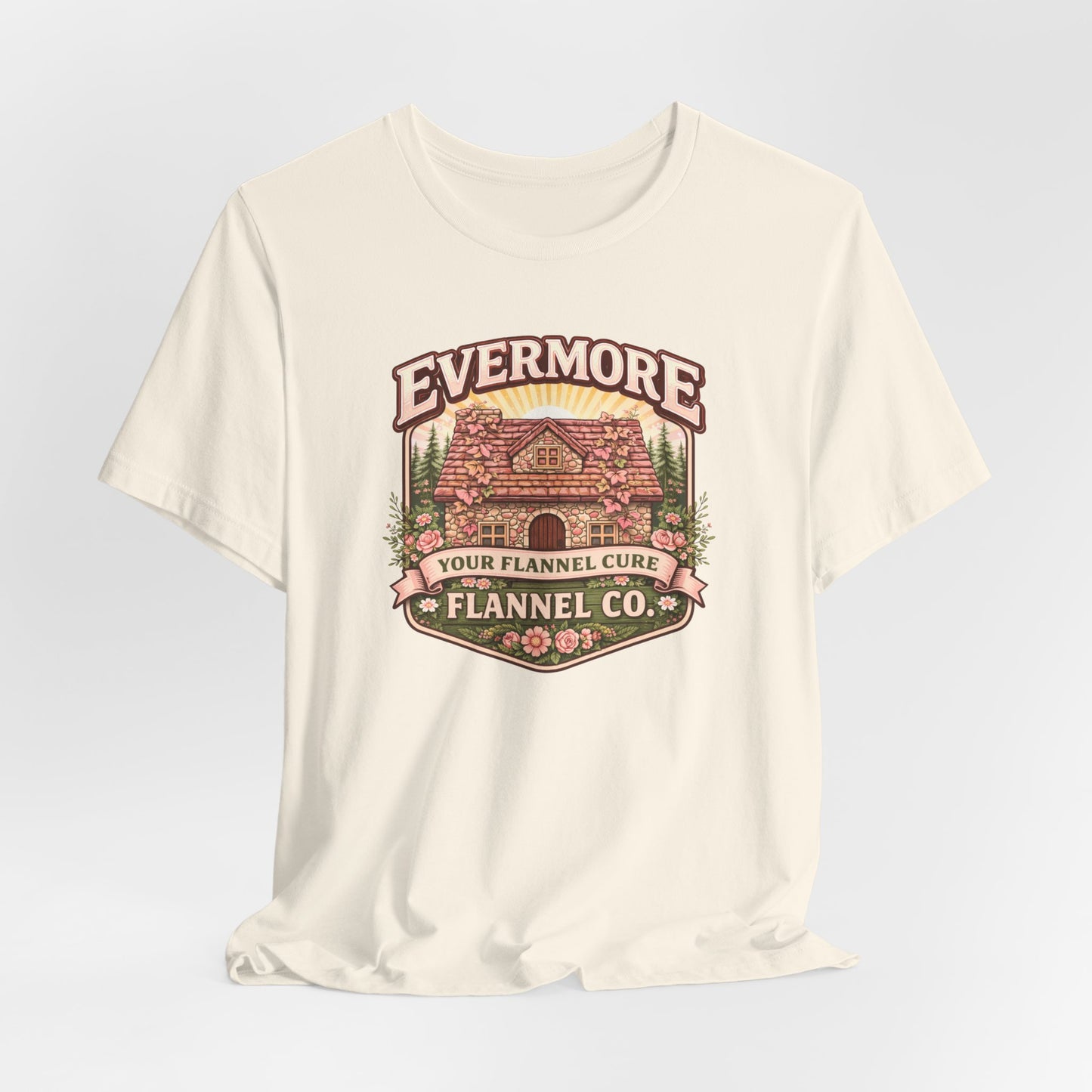 Evermore Flannel Co. Cabin Tee — Vintage Cozy Cabin Graphic T-Shirt
