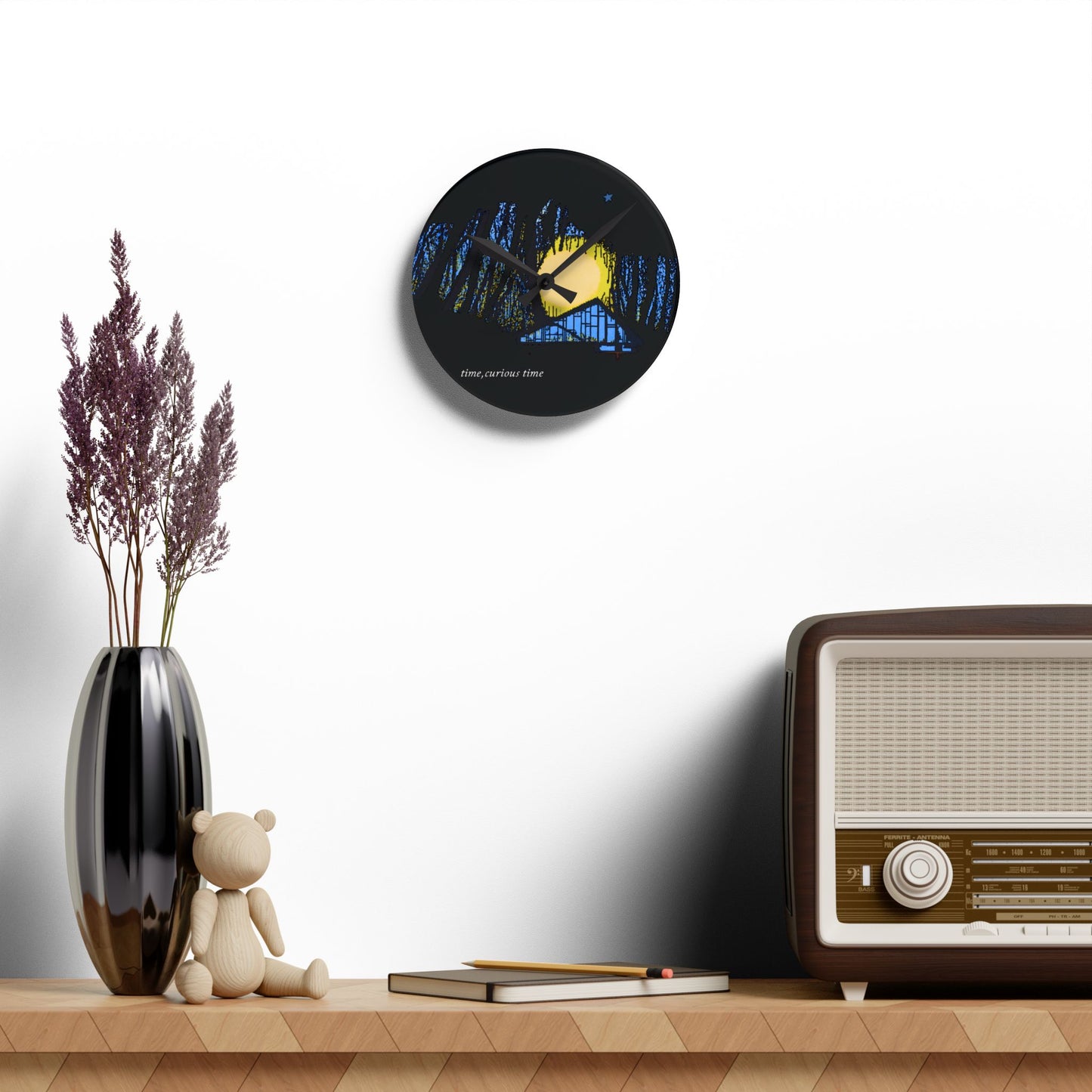 Acrylic Wall Clock — Moonlit Forest Nightscape Clock ("time, curious time")