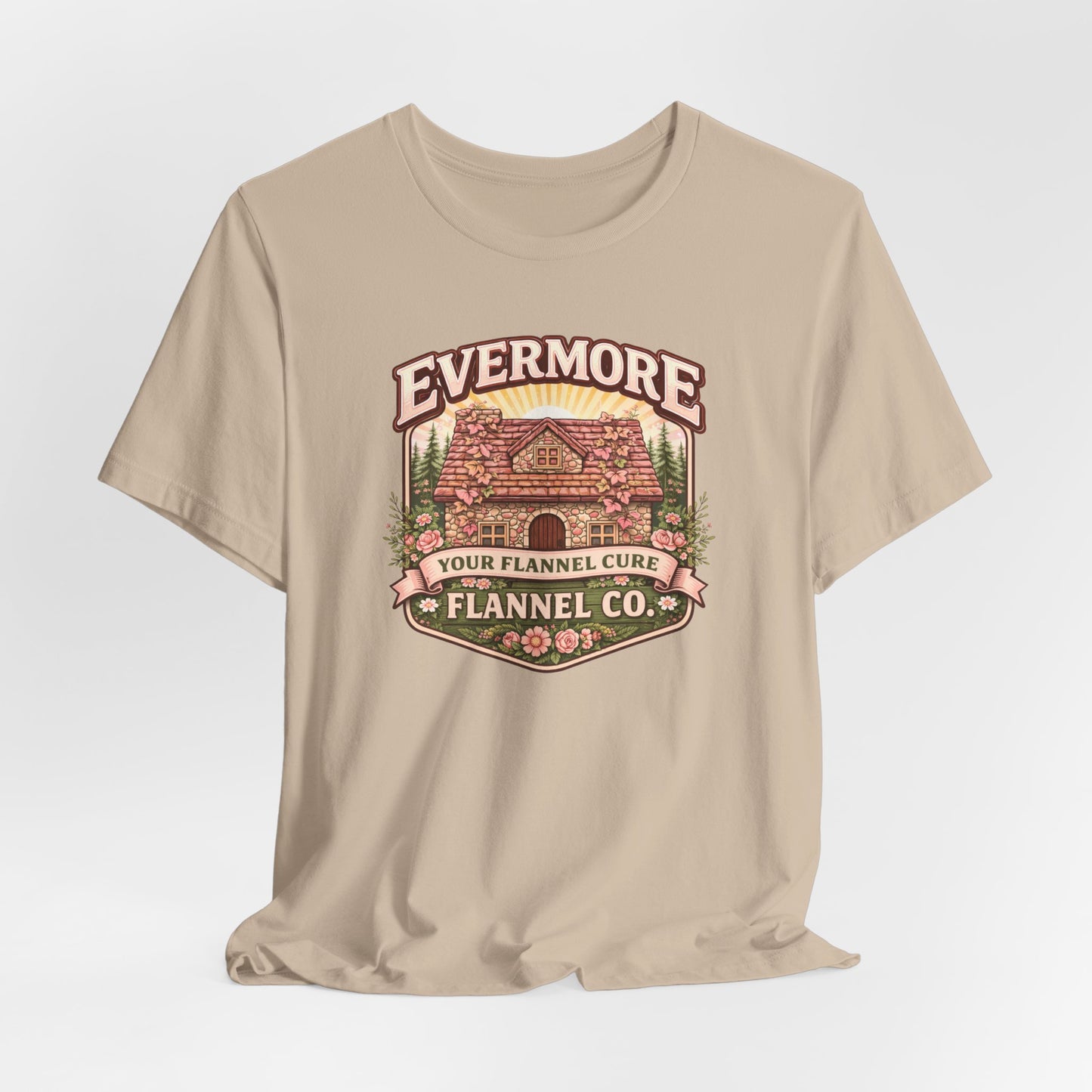 Evermore Flannel Co. Cabin Tee — Vintage Cozy Cabin Graphic T-Shirt