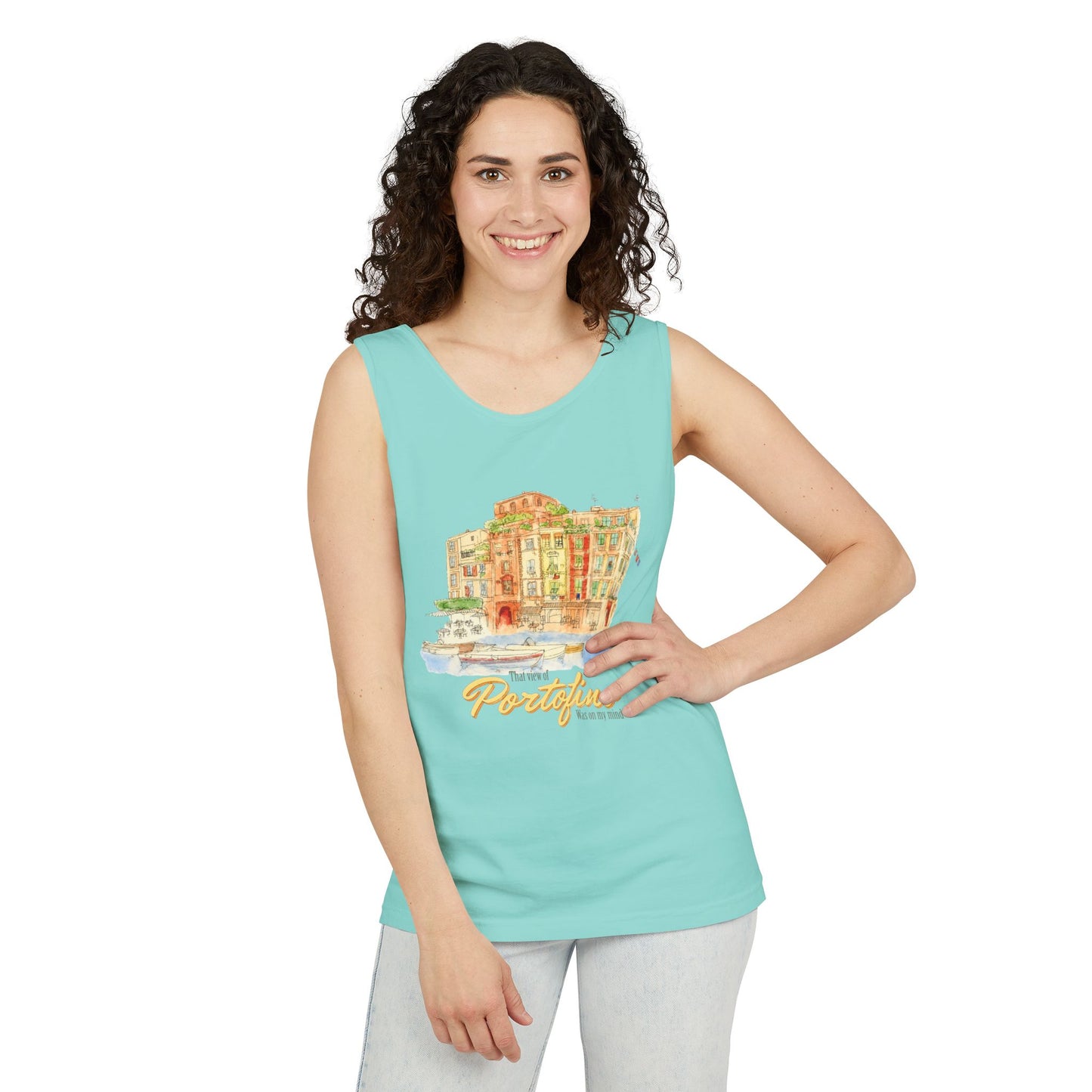 Portofino Watercolor Comfort Colors Unisex Tank Top — Italian Coastal Tee