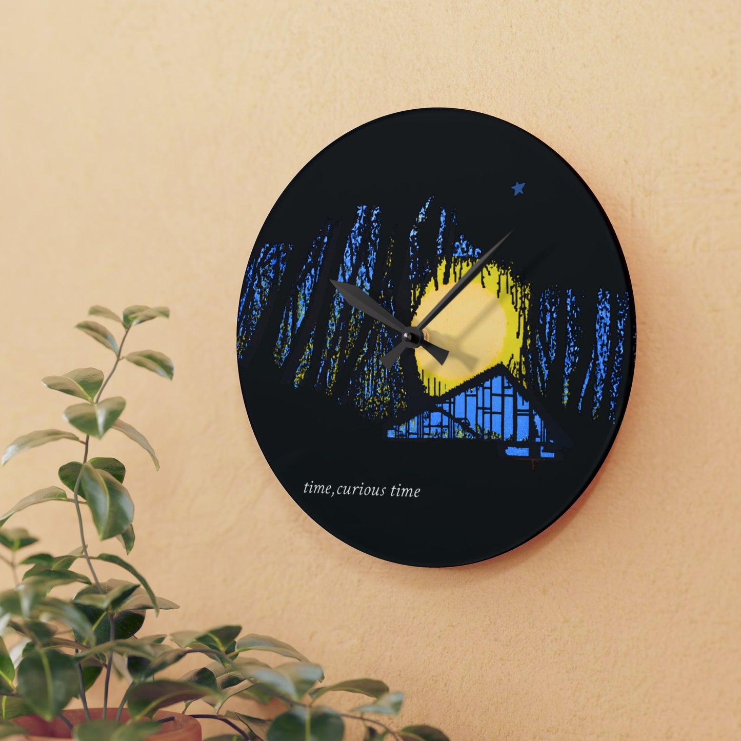 Acrylic Wall Clock — Moonlit Forest Nightscape Clock ("time, curious time")