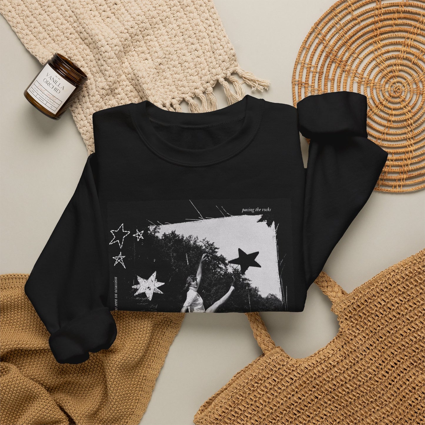 Dancing on the Pier Crewneck Sweatshirt — Black Graphic with Stars
