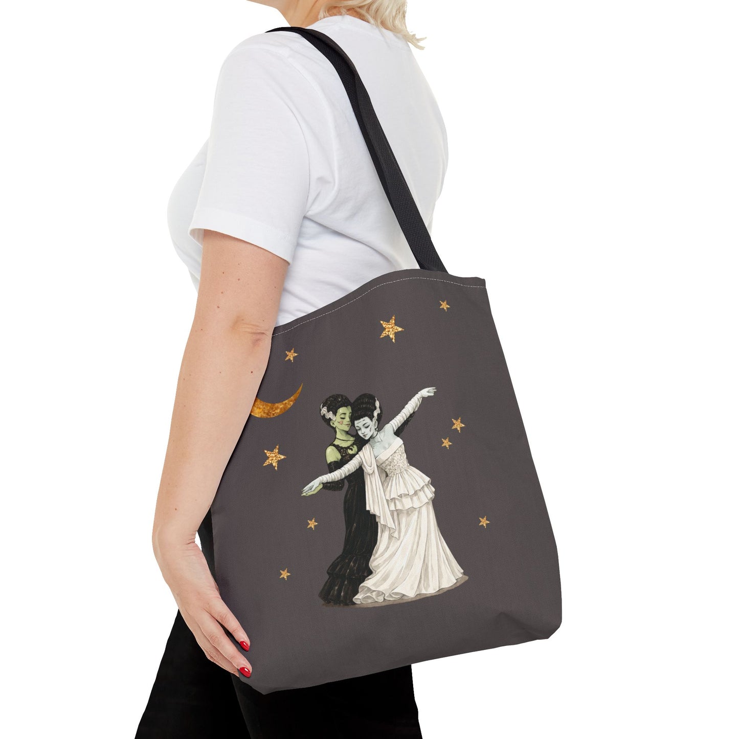 Moonlit Duet Tote Bag — Vintage Lesbian Monster Brides Couple with Gold Moon & Stars