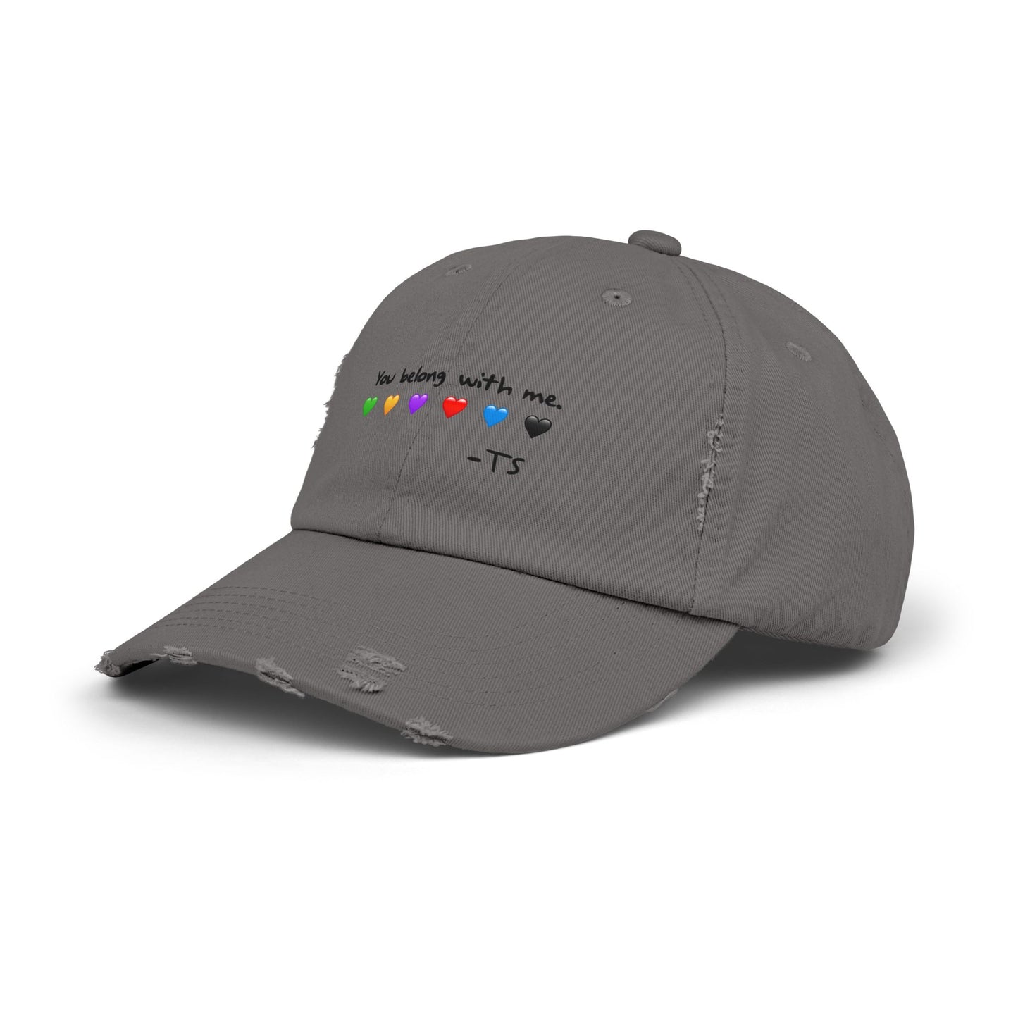 You belong with me - Printed Image - Unisex Distressed Cap with Heart Design - Perfect Gift for Music Lovers, Casual Wear, Festivals, Birthdays, Fan Merchandise