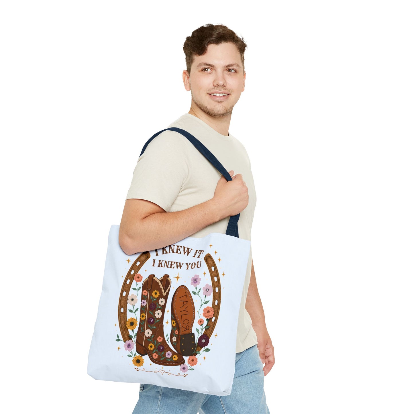 Western Floral Tote Bag — "I Knew It, I Knew You" Cowboy Boots & Horseshoe Design