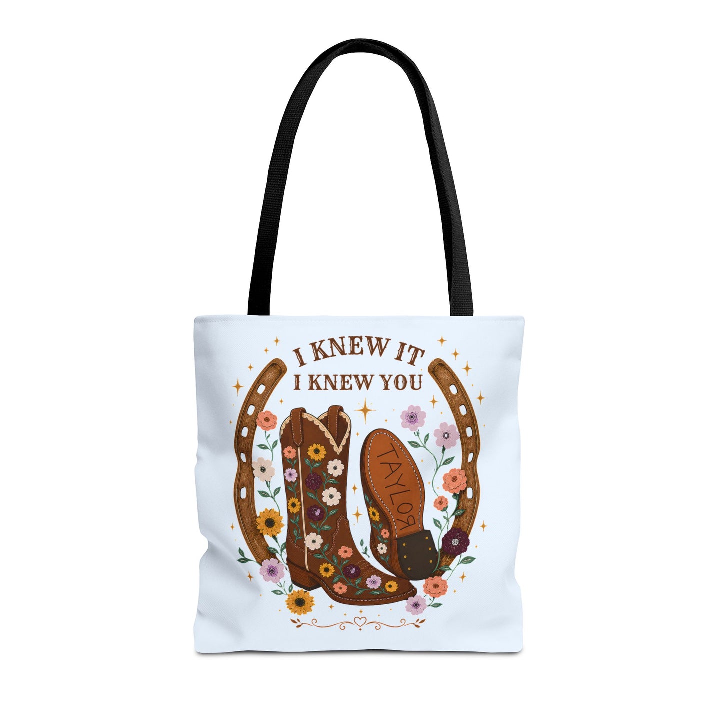 Western Floral Tote Bag — "I Knew It, I Knew You" Cowboy Boots & Horseshoe Design
