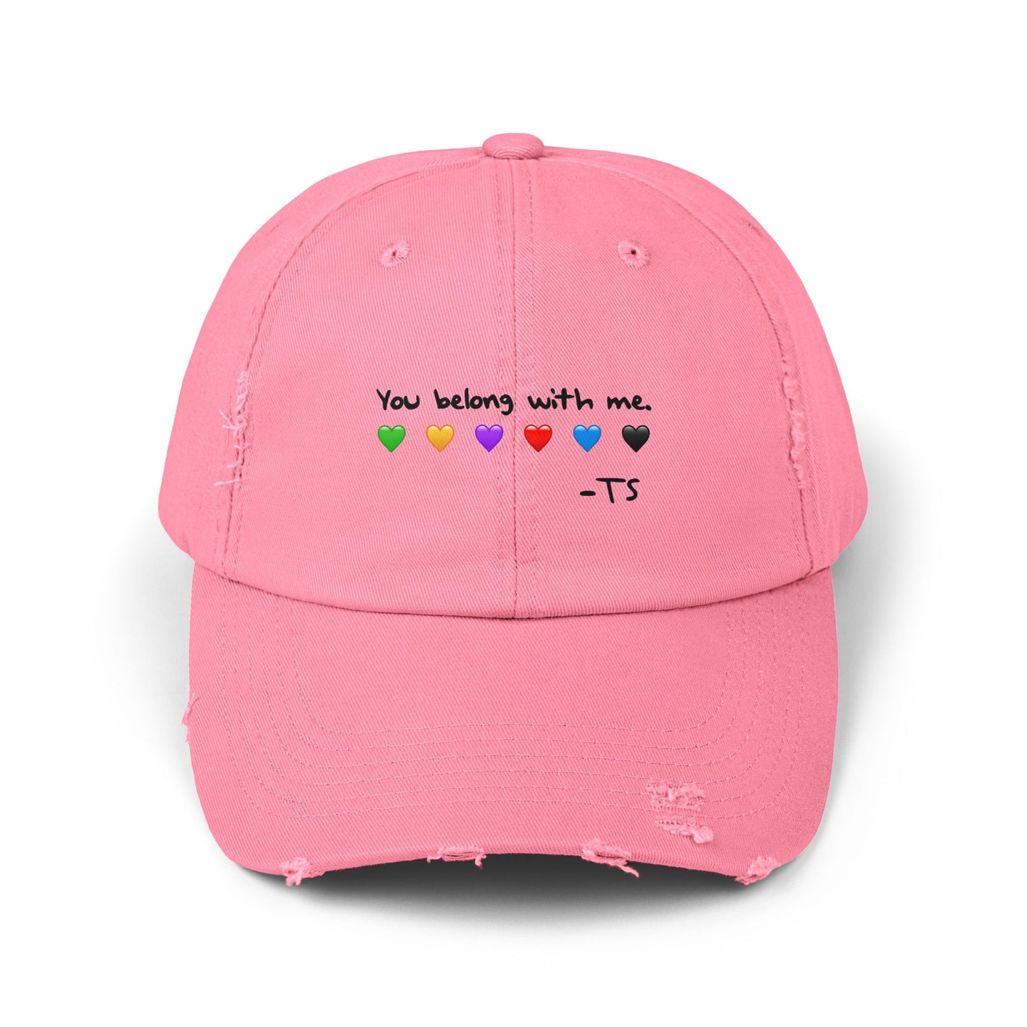 You belong with me - Printed Image - Unisex Distressed Cap with Heart Design - Perfect Gift for Music Lovers, Casual Wear, Festivals, Birthdays, Fan Merchandise