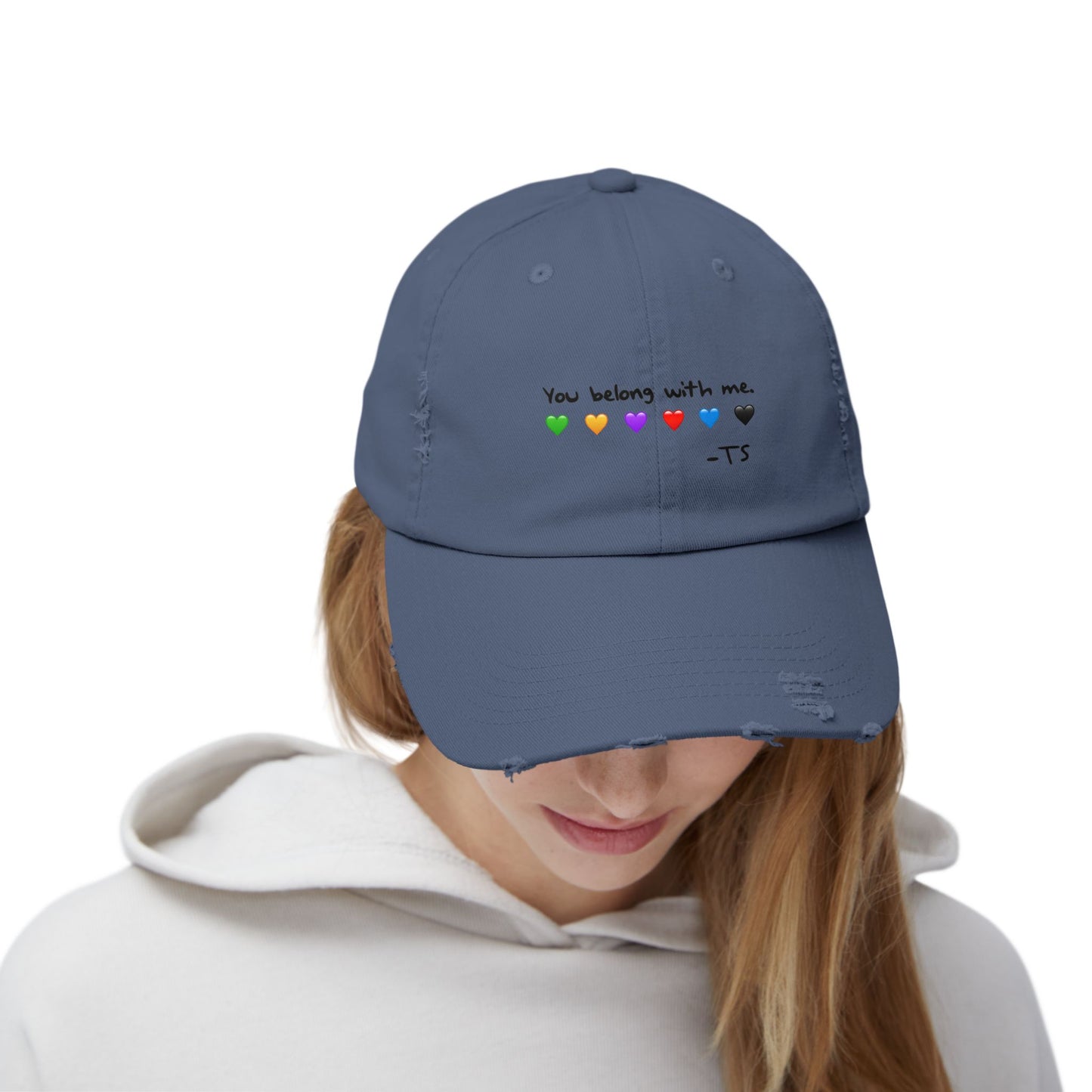 You belong with me - Printed Image - Unisex Distressed Cap with Heart Design - Perfect Gift for Music Lovers, Casual Wear, Festivals, Birthdays, Fan Merchandise