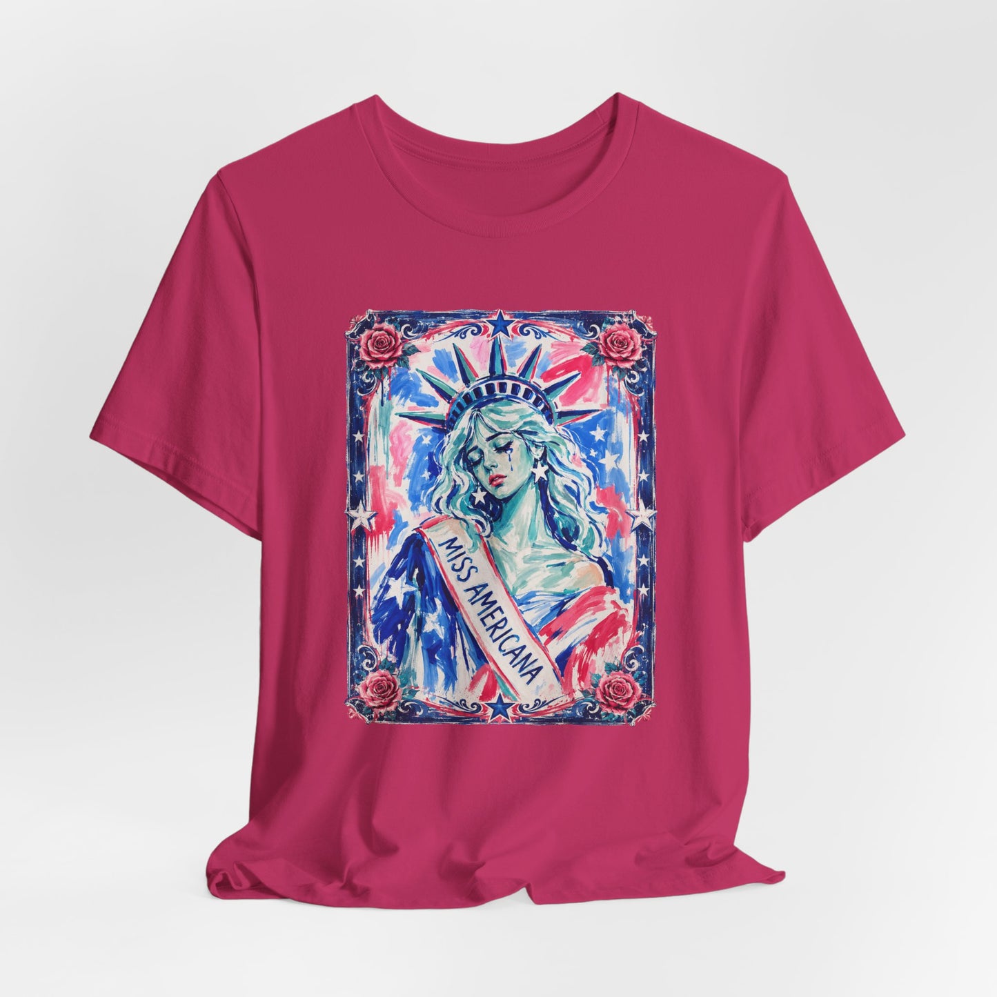 Miss Americana Statue of Liberty Patriotic Art Tee (Back: "I'm just mad as hell because I loved this place")