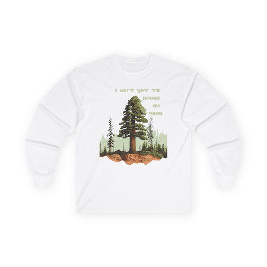 Knock on Wood Long Sleeve Tee, Unisex Cotton Shirt, Outdoor Adventure Top, Gift for Nature Enthusiasts, Comfortable Fall Apparel