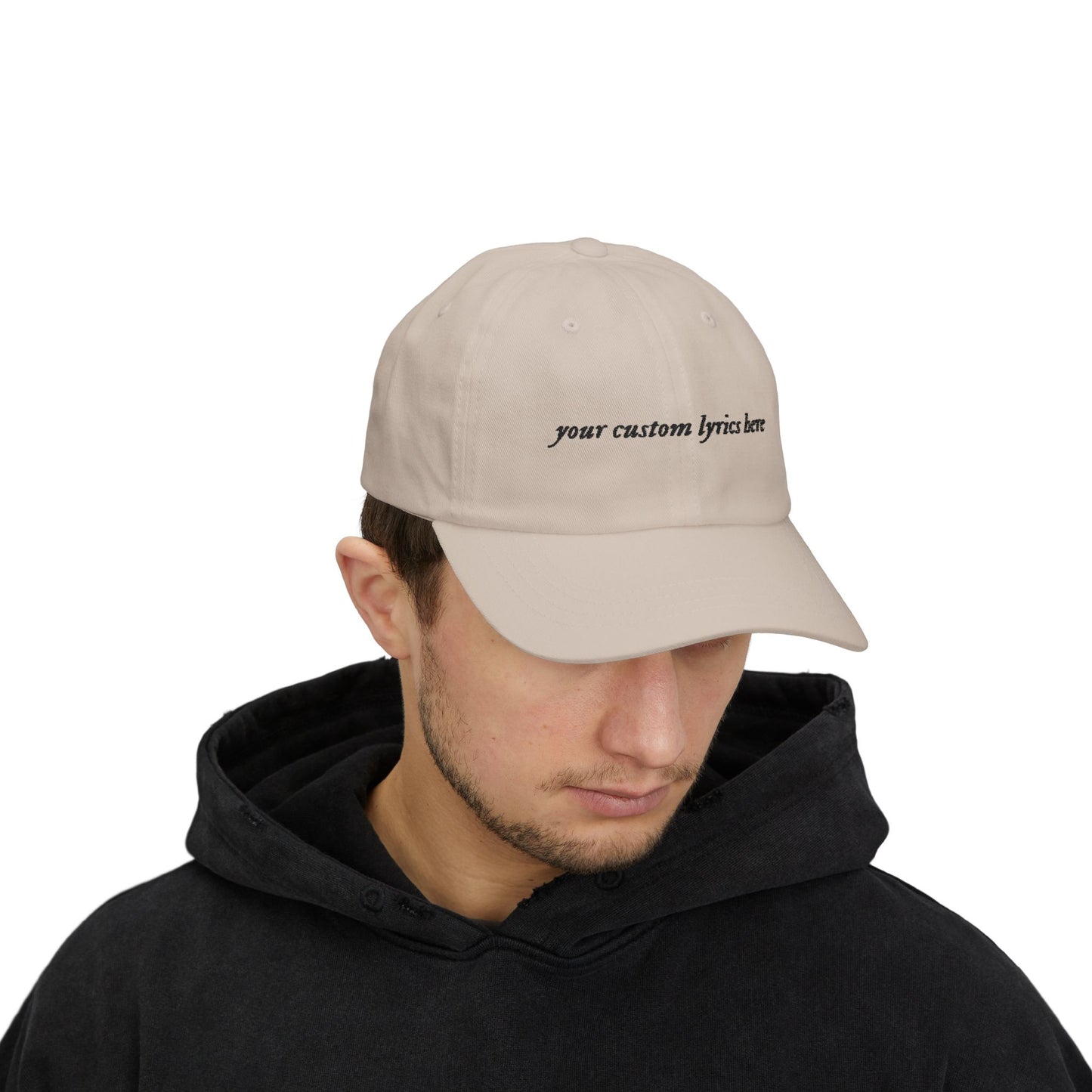 Custom Embroidered Lyrics Dad Cap — light color hat, dark text