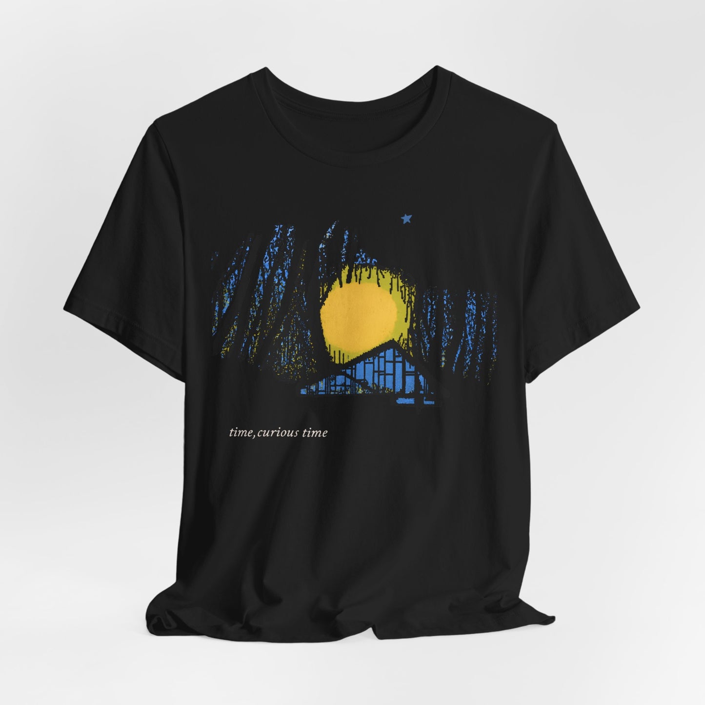Night Cabin Graphic Tee — "Time, curious Time" Moonlit Forest T-Shirt