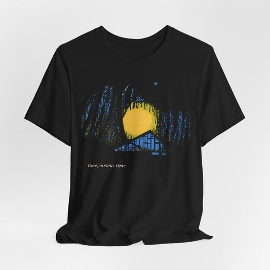 Night Cabin Graphic Tee — "Time, curious Time" Moonlit Forest T-Shirt