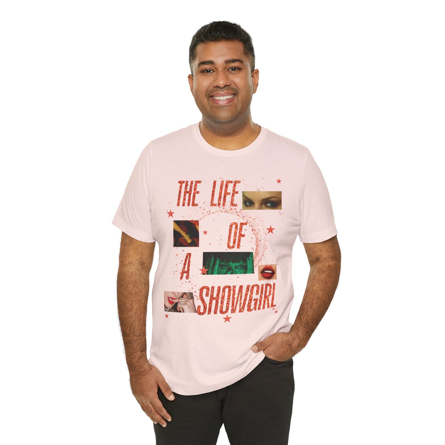 Showgirl Life Collage Graphic Tee, Unisex Jersey T-Shirt, Retro Style Top, Casual Wear, Gift for Performers, Fashion Statement Shirt