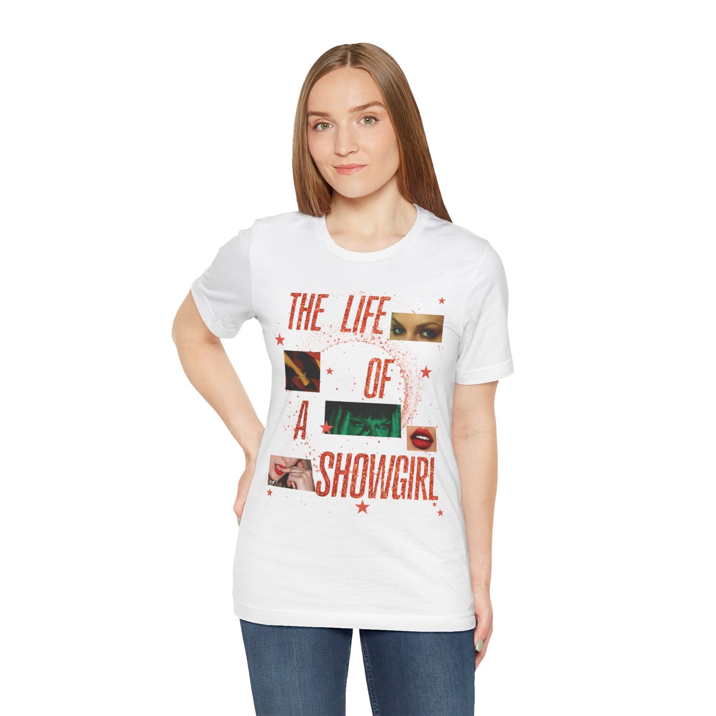 Showgirl Life Collage Graphic Tee, Unisex Jersey T-Shirt, Retro Style Top, Casual Wear, Gift for Performers, Fashion Statement Shirt