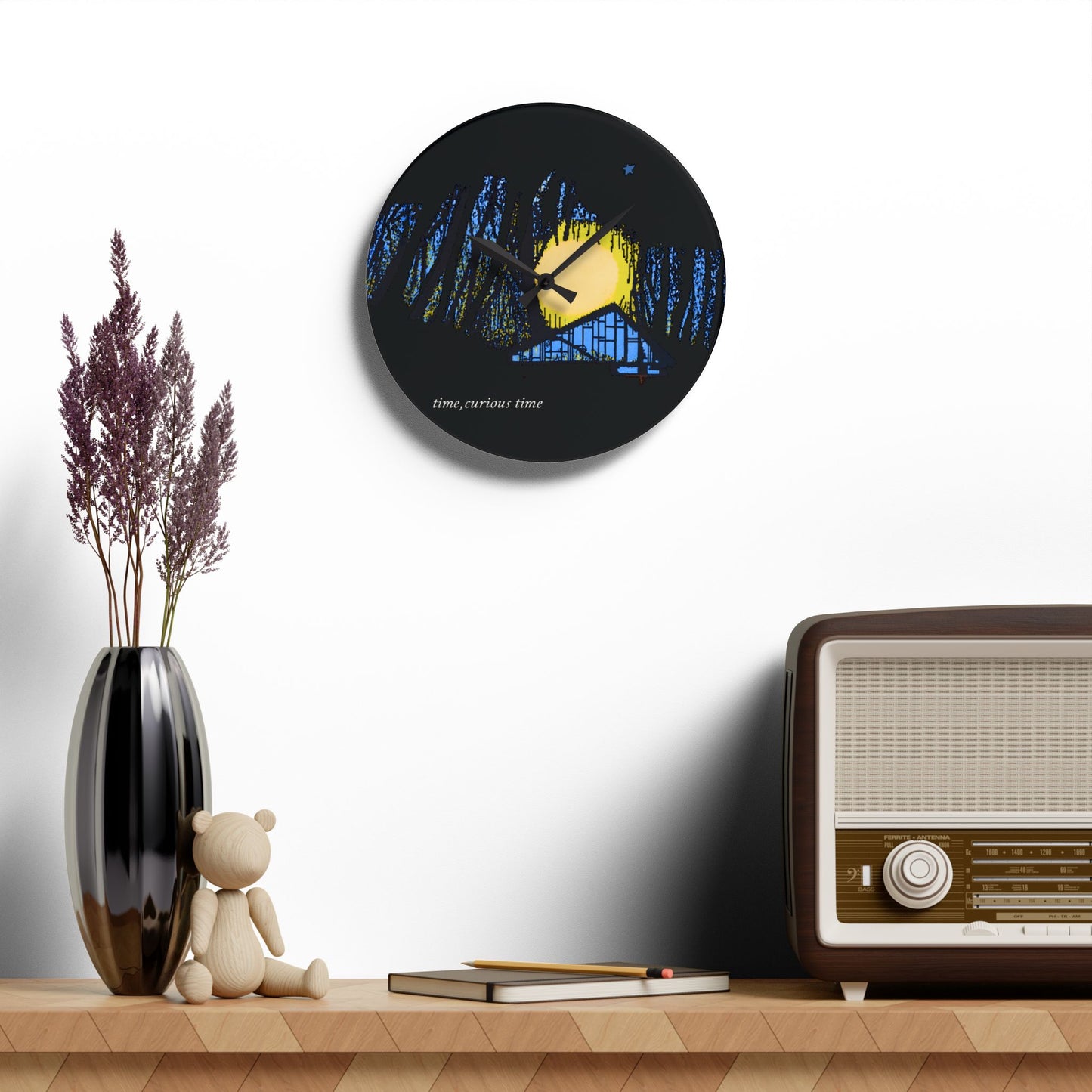 Acrylic Wall Clock — Moonlit Forest Nightscape Clock ("time, curious time")