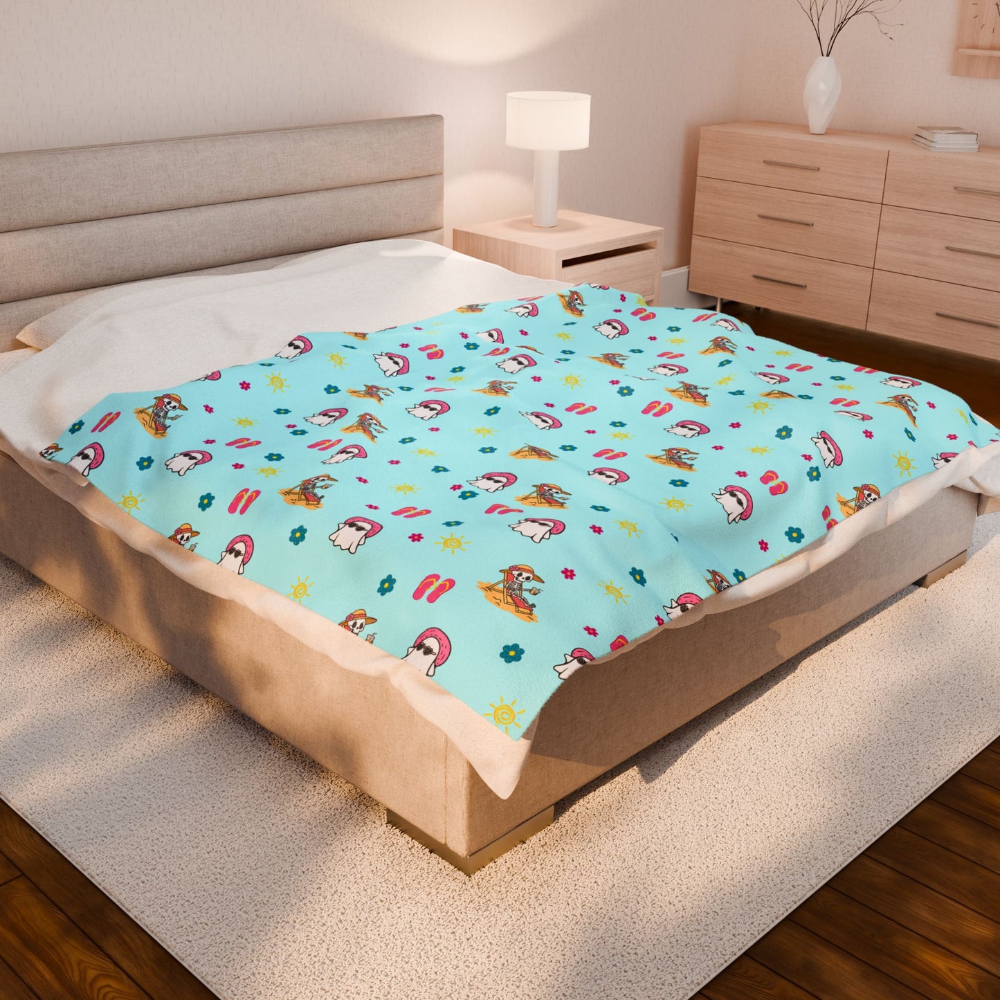 Aqua Summerween Soft Plush Fleece Blanket, Summer Ghosties and Skeletons, Cute Throw Blanket
