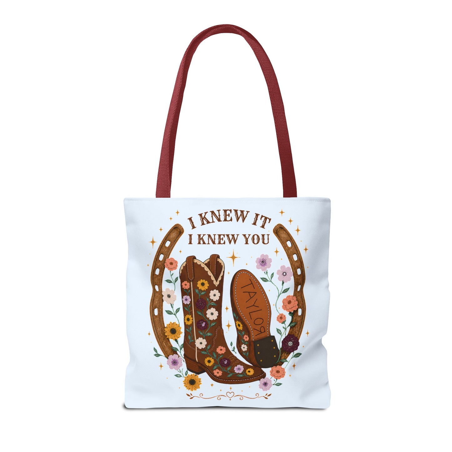 Western Floral Tote Bag — "I Knew It, I Knew You" Cowboy Boots & Horseshoe Design
