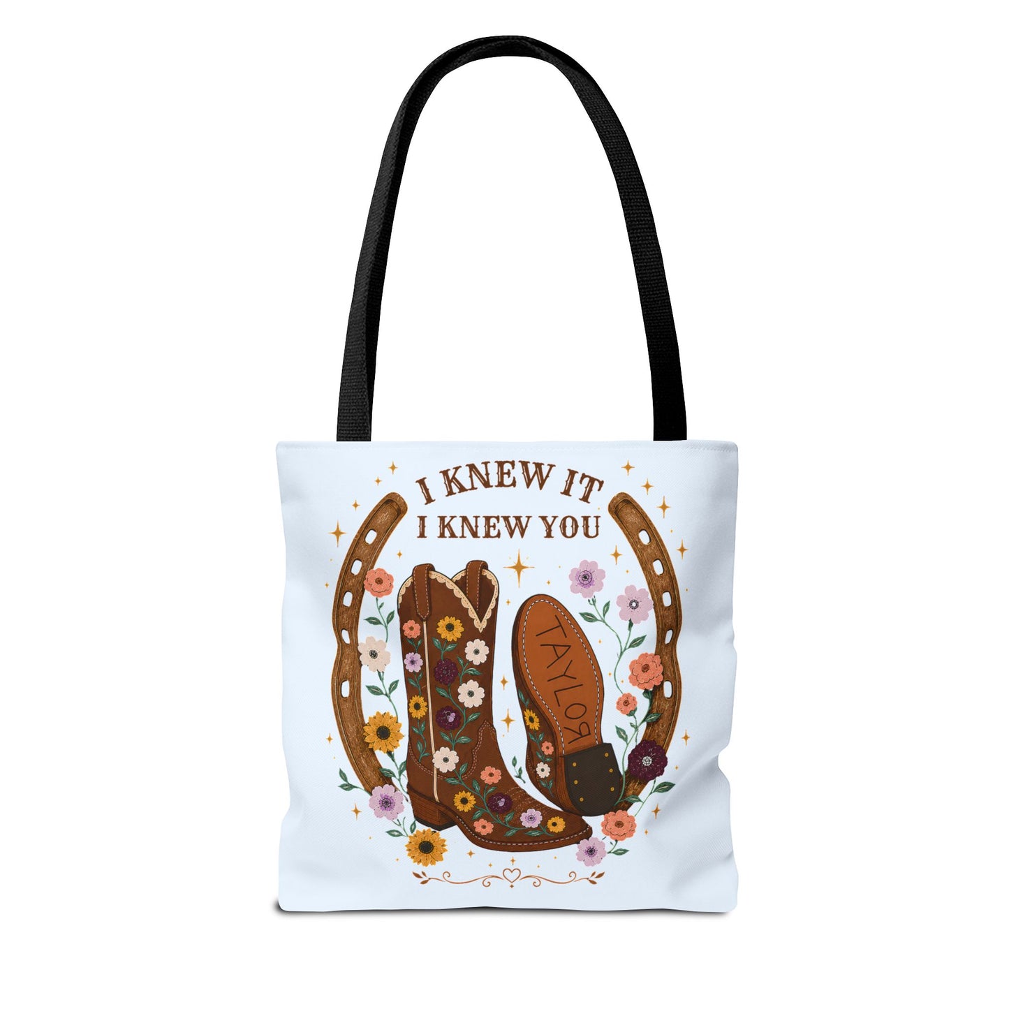 Western Floral Tote Bag — "I Knew It, I Knew You" Cowboy Boots & Horseshoe Design