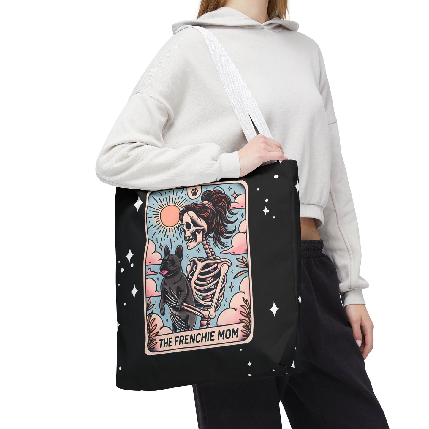Frenchie Mom Tarot Tote Bag, Stylish Pet Lover Accessory, Ideal for Dog Moms, Halloween Gift, Trendy Grocery Bag, Eco-Friendly Bags