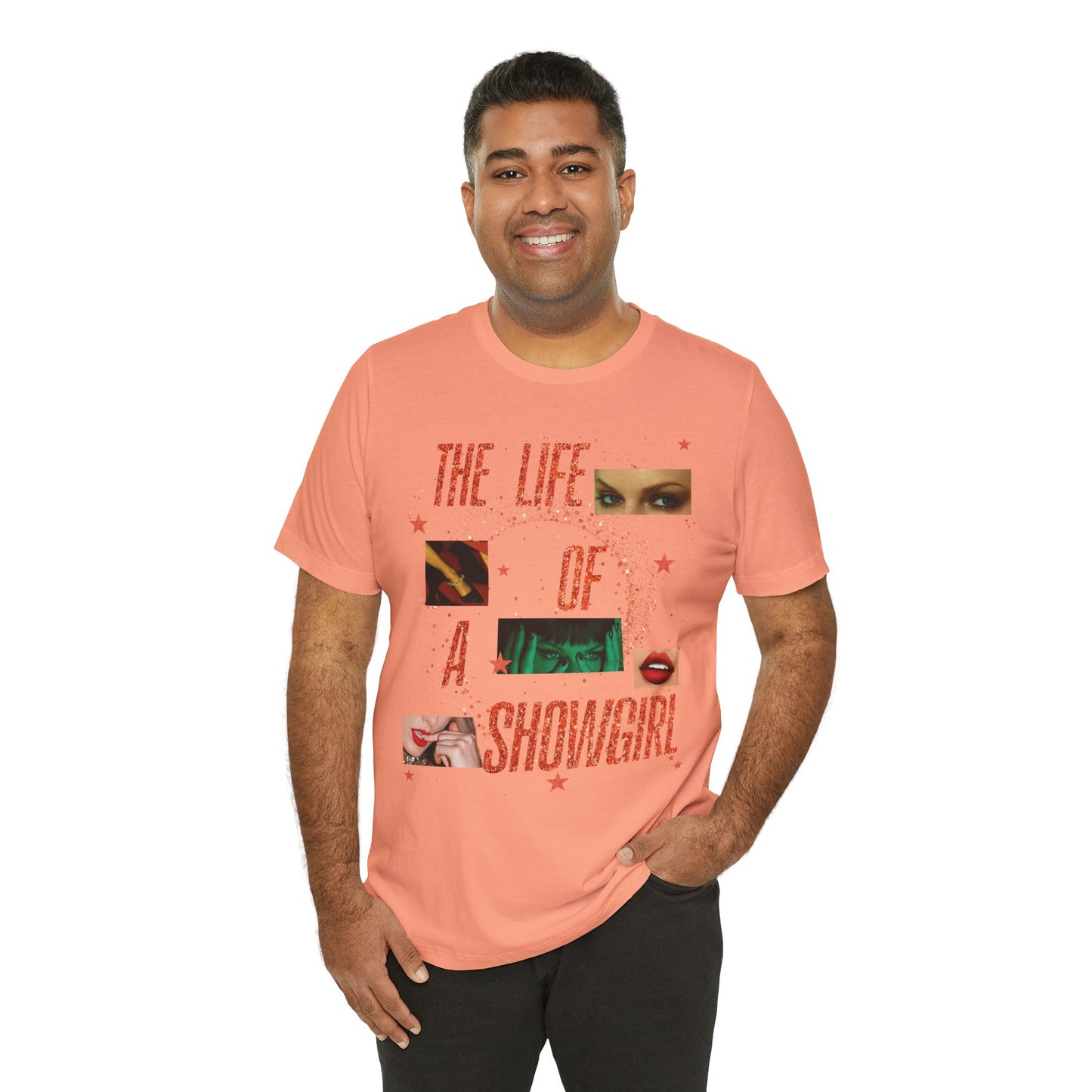 Showgirl Life Collage Graphic Tee, Unisex Jersey T-Shirt, Retro Style Top, Casual Wear, Gift for Performers, Fashion Statement Shirt