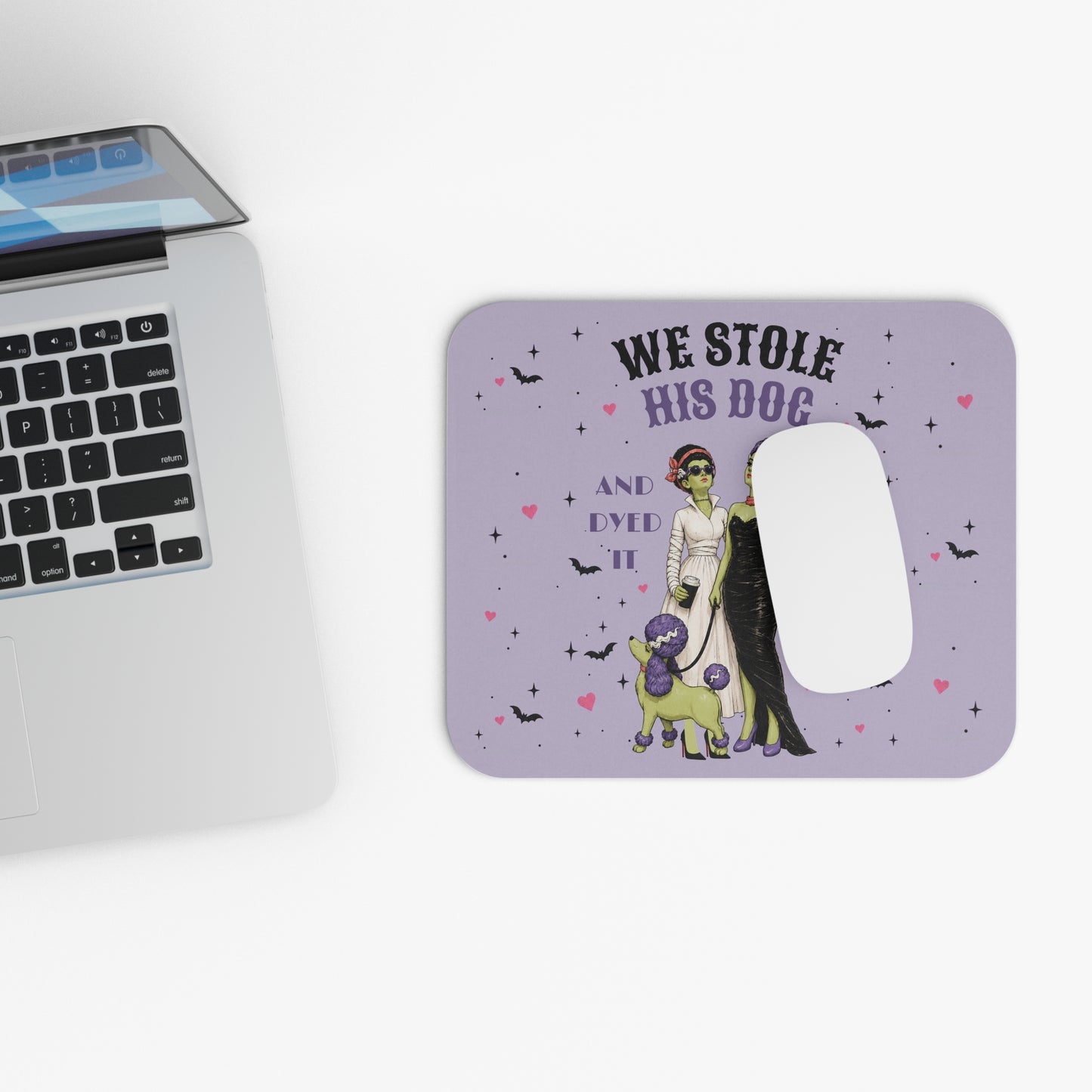 We stole his dog and dyed it key lime green...Halloween Bride & Bride Mouse Pad — Retro Frankenstein Couples Design on Lavender