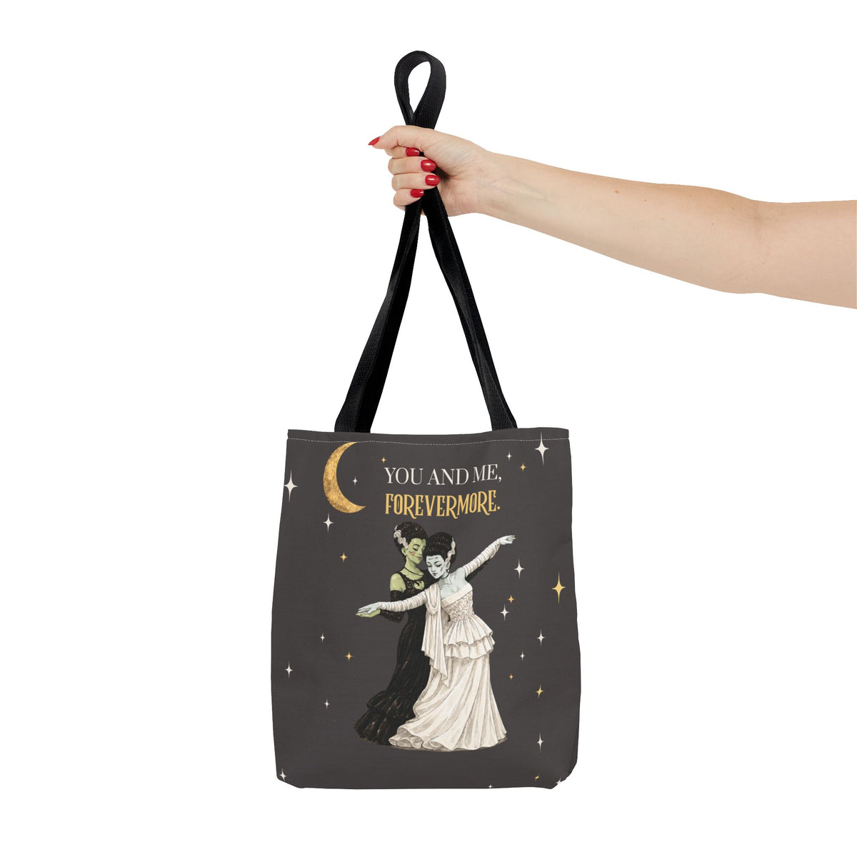 Moonlit Duet Tote Bag — Vintage Lesbian Monster Brides Couple with Gold Moon & Stars