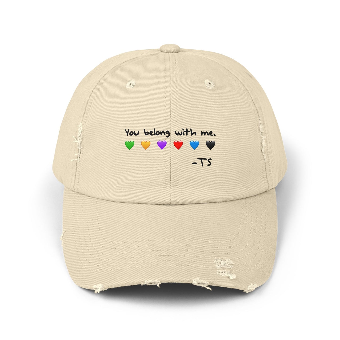 You belong with me - Printed Image - Unisex Distressed Cap with Heart Design - Perfect Gift for Music Lovers, Casual Wear, Festivals, Birthdays, Fan Merchandise