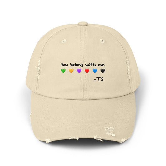You belong with me - Printed Image - Unisex Distressed Cap with Heart Design - Perfect Gift for Music Lovers, Casual Wear, Festivals, Birthdays, Fan Merchandise