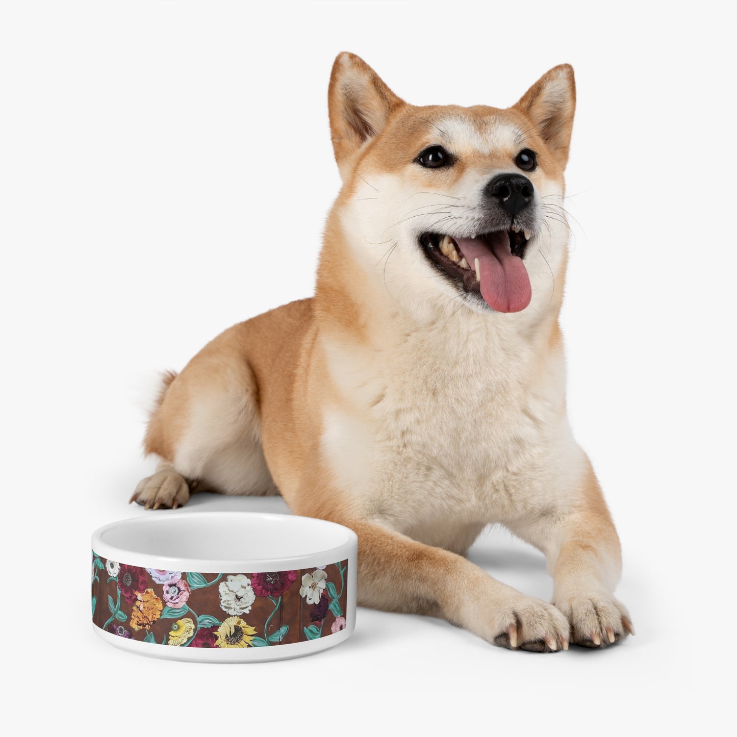 Floral Garden Pet Bowl — Ceramic Dog & Cat Food Dish with Vintage Flower Print