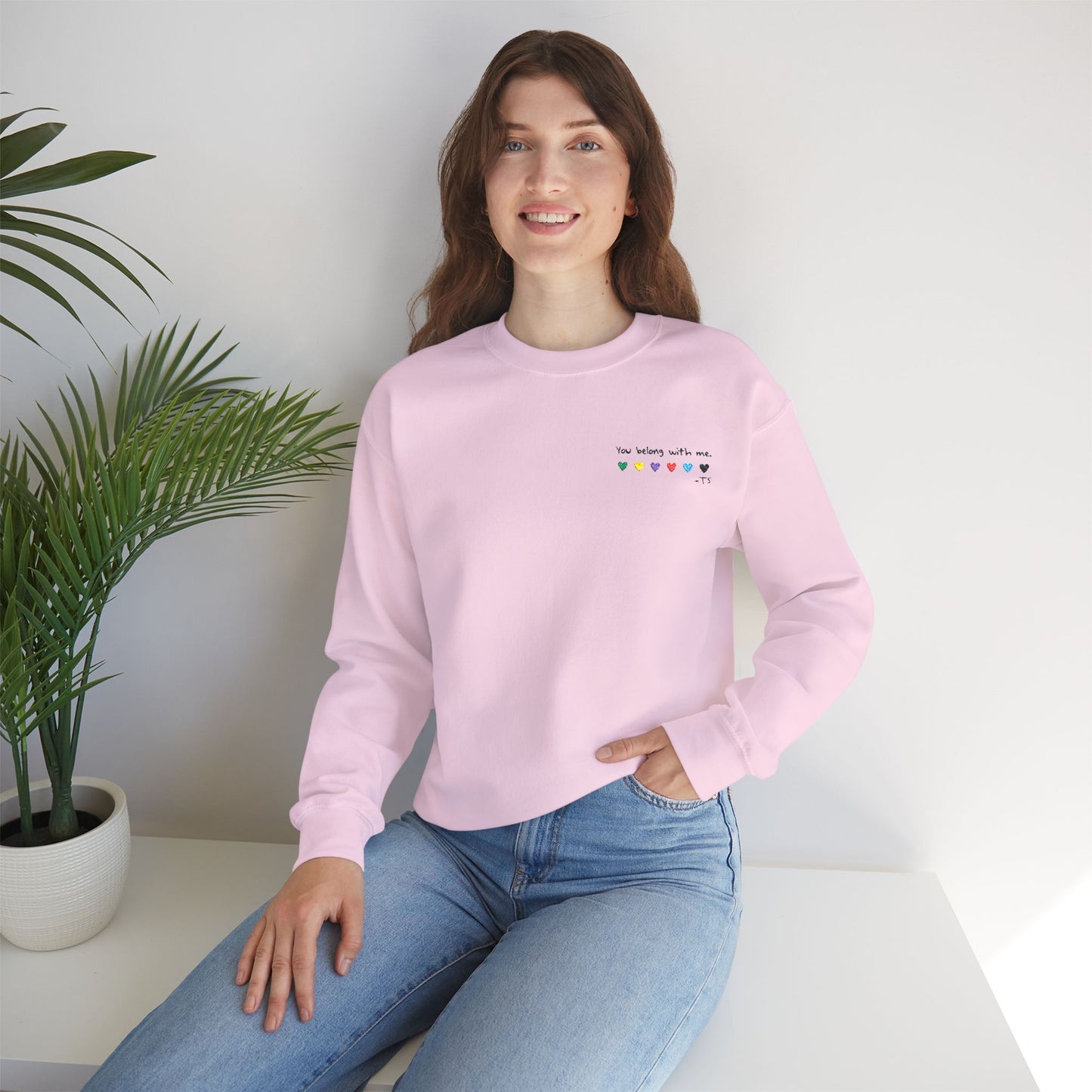 Embroidered You belong with me - (light colors) Colorful Hearts Crewneck Sweatshirt, Cozy Unisex Sweater for All Occasions, Gift for Friends, Valentine's Day, Cute Casualwear