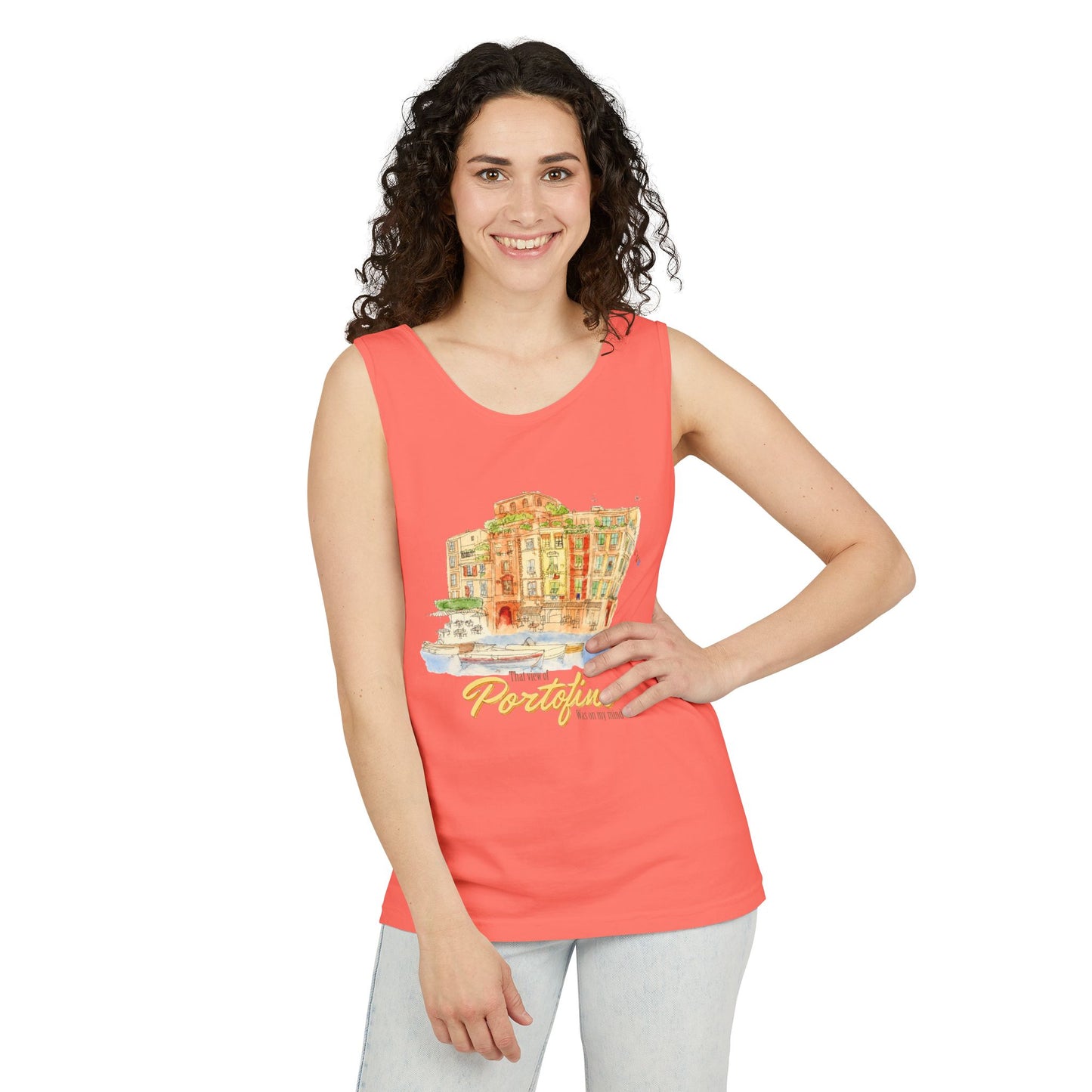 Portofino Watercolor Comfort Colors Unisex Tank Top — Italian Coastal Tee