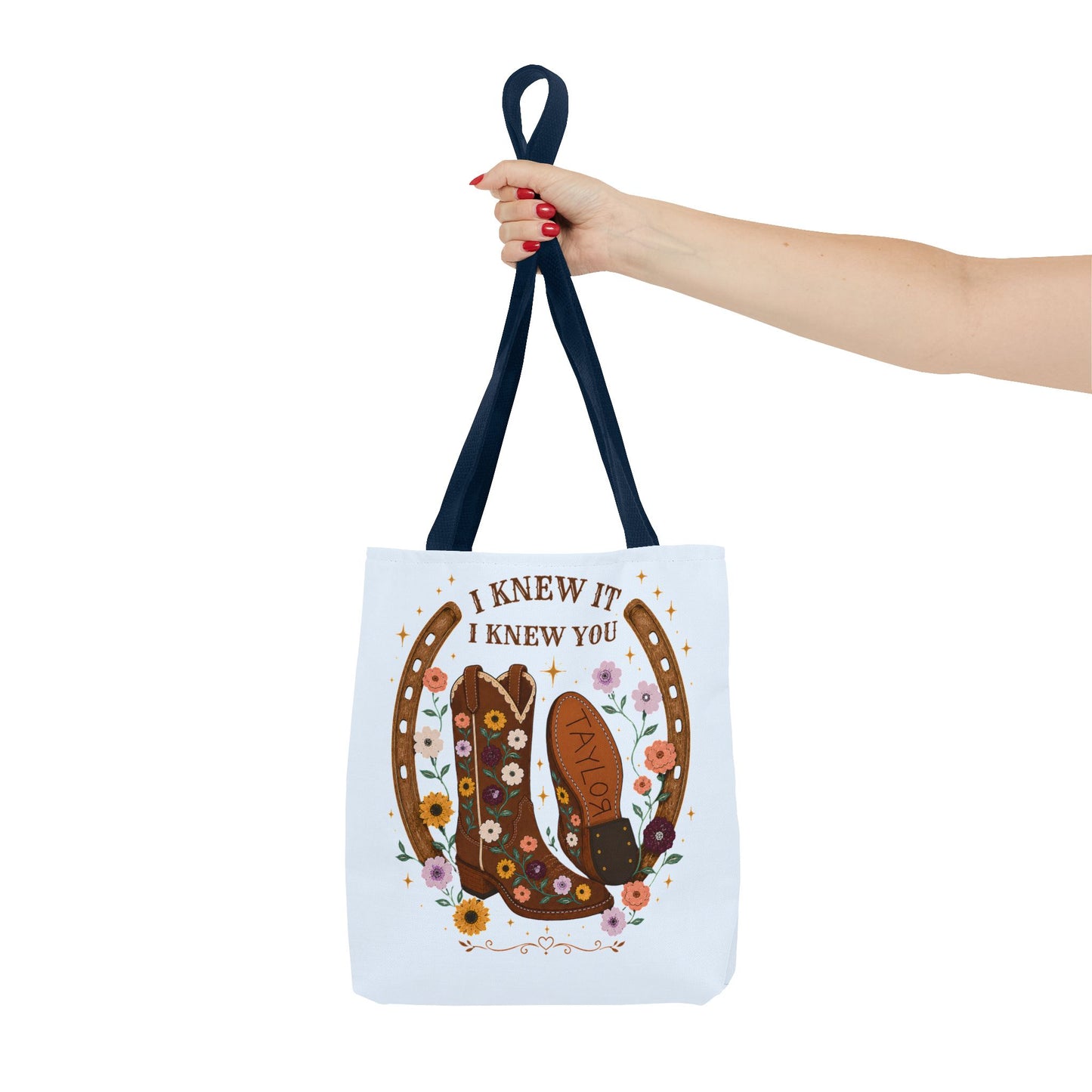 Western Floral Tote Bag — "I Knew It, I Knew You" Cowboy Boots & Horseshoe Design